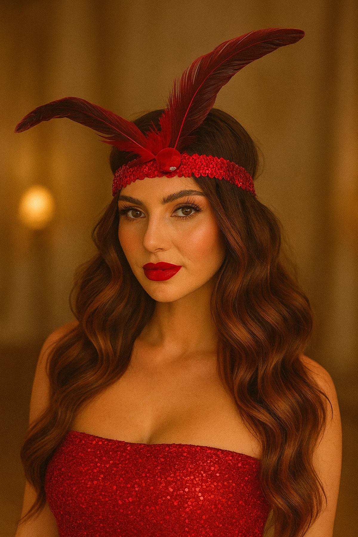 Kırmızı Renk Tüy Figürlü Charleston Saç Bandı