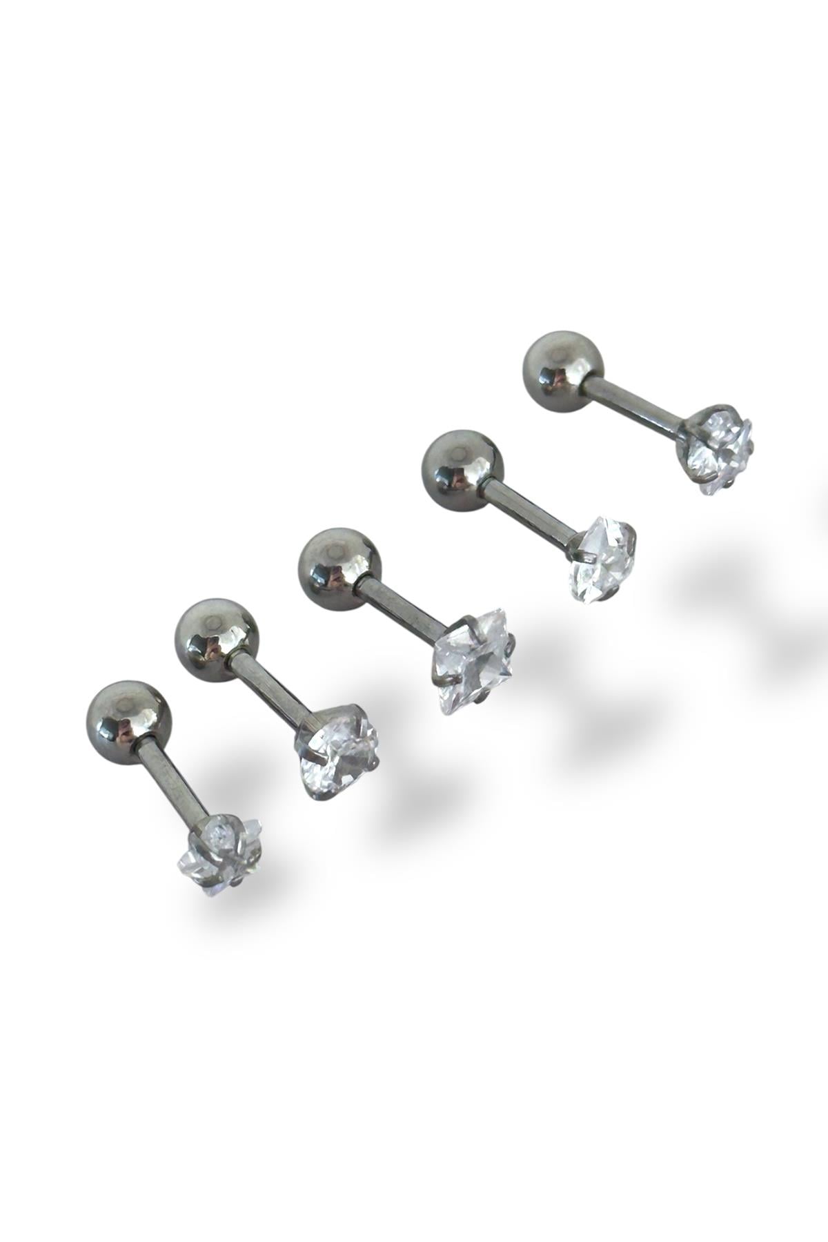 Gümüş Renk 5'li Taş Detaylı Cerrahi Çelik Tragus/Kıkırdak Küpe/Piercing