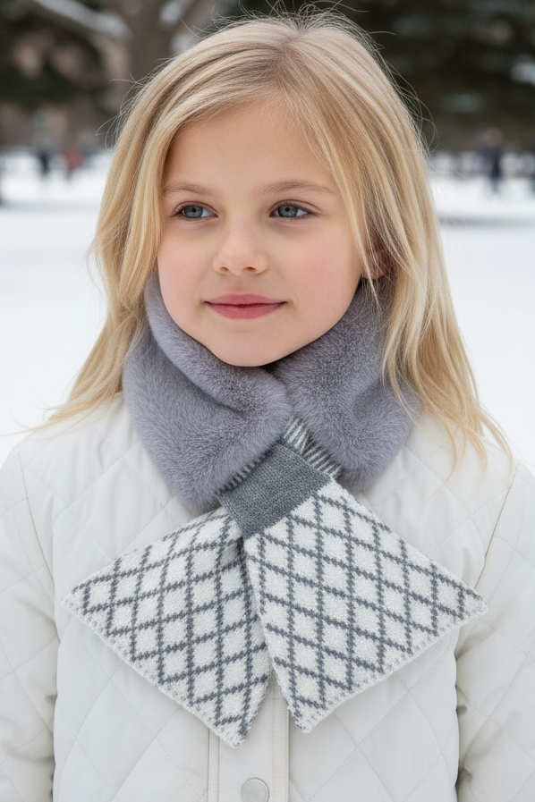 Gri Ve Beyaz Renk Çizgi Detaylı Çocuk Peluş Atkı