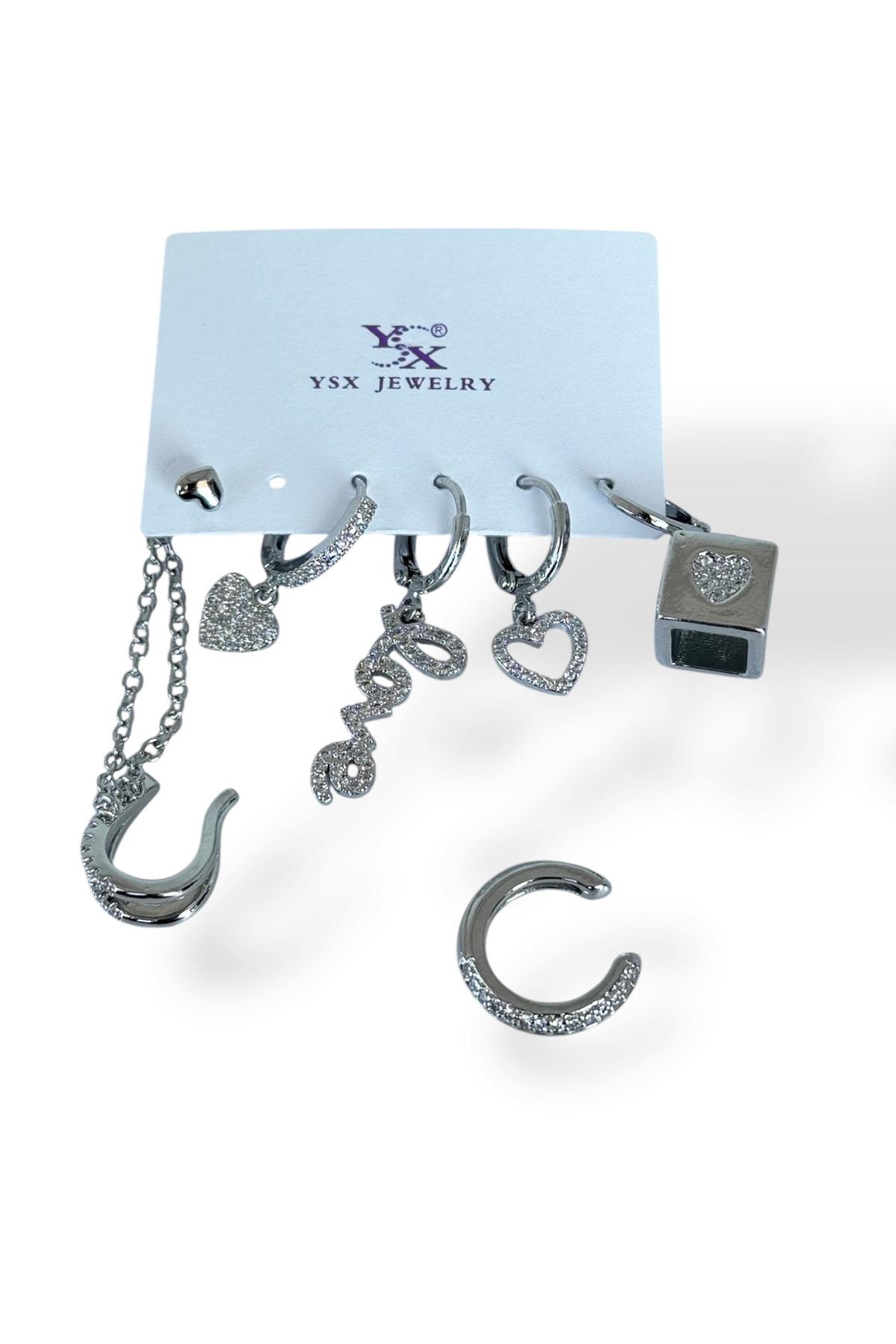 Gümüş Renk Karışık Figürlü Taş Detaylı 6'lı YSX Küpe Set