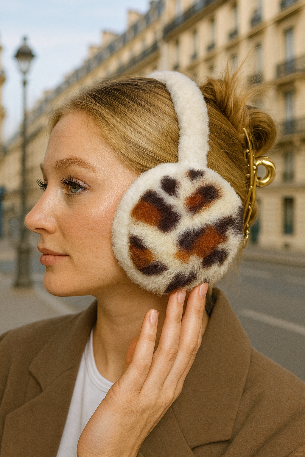 Krem Renk Leopar Detaylı Peluş Kulaklık