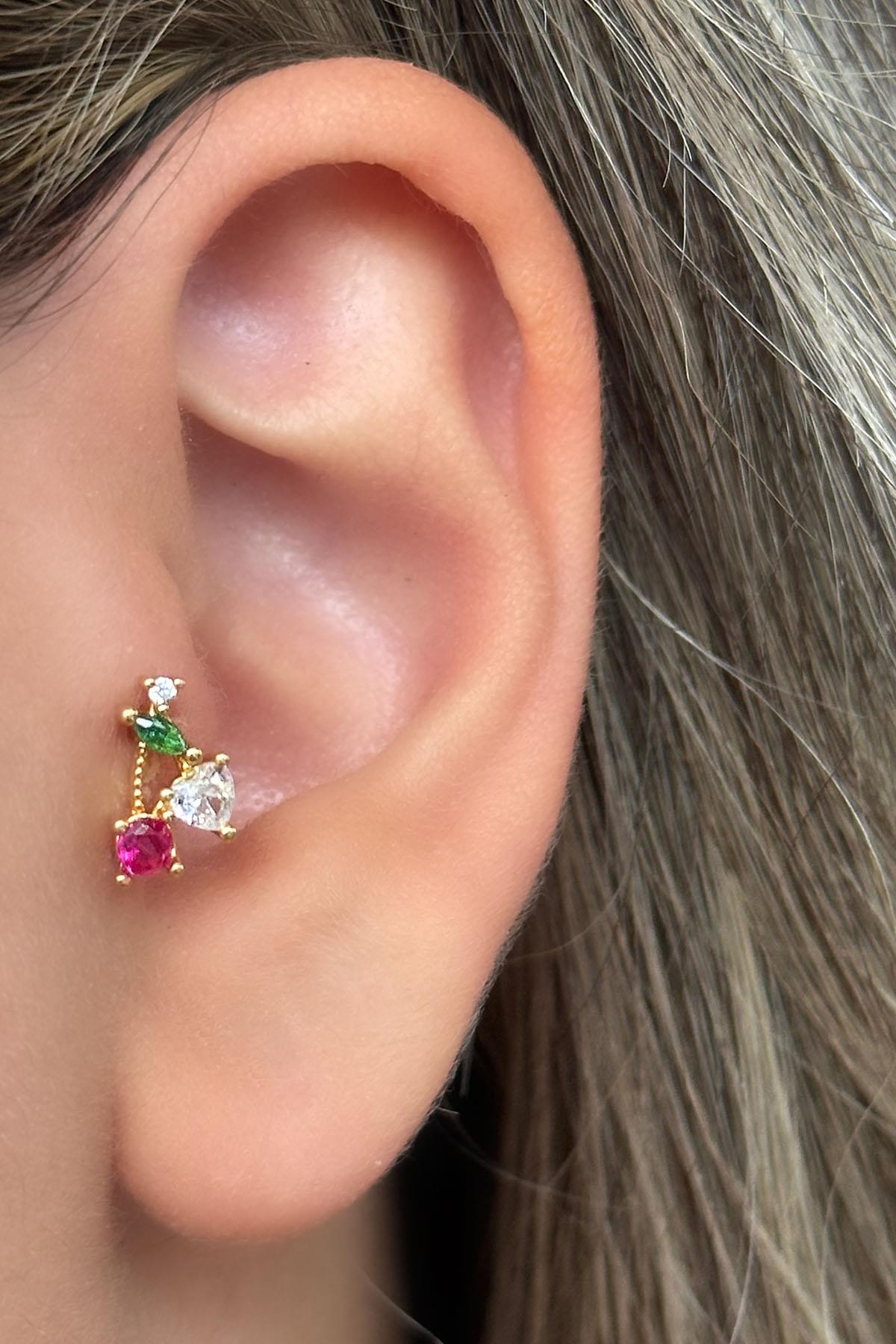 Altın Renk Kiraz Figürlü Taş Detaylı Çelik Tragus/Kıkırdak Küpe/Piercing (Tek)