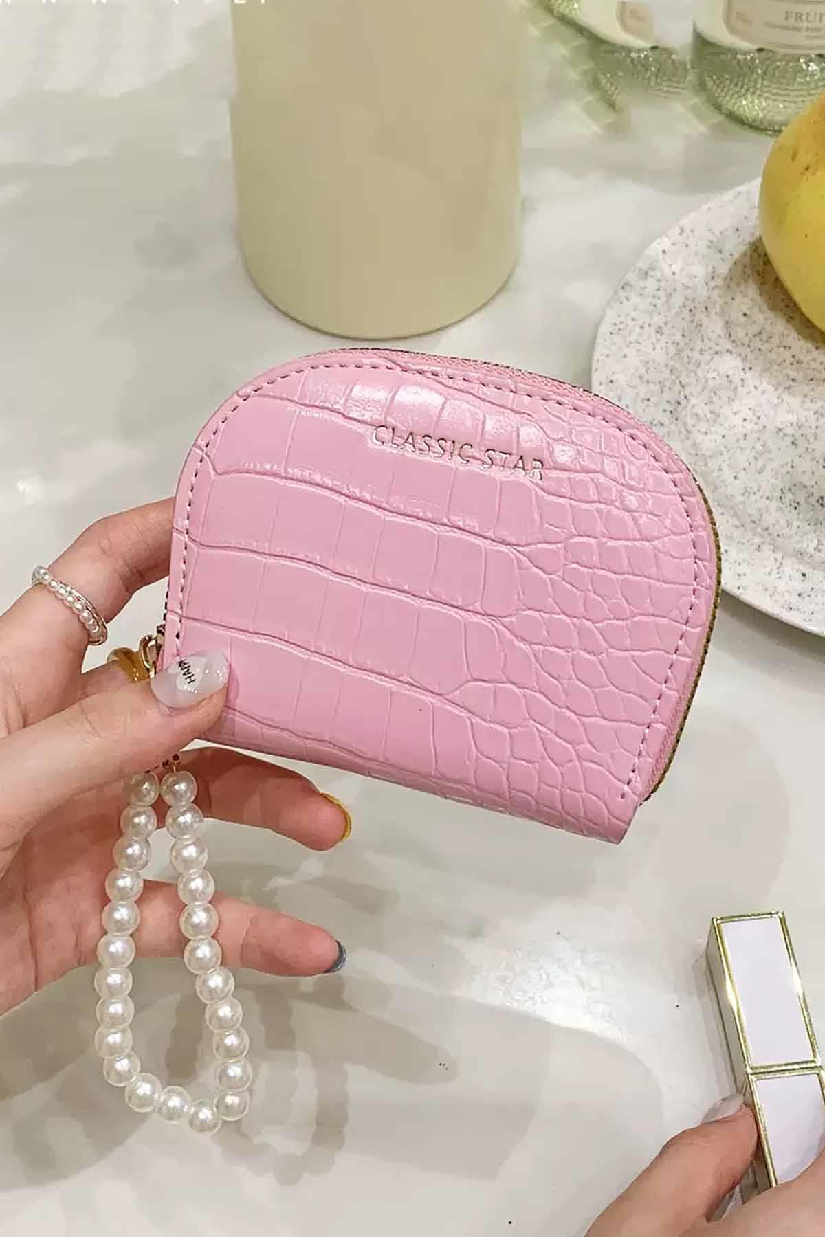 Pembe Renk İnci Detaylı Deri Kadın Cüzdan/Kartlık