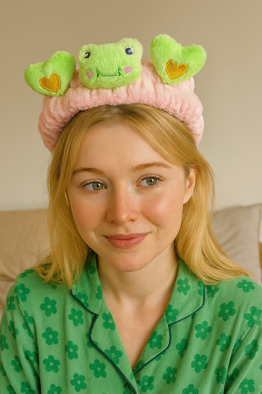 Açık Pembe Ve Yeşil Renk Kurbağa Figürlü Peluş Saç Bandı