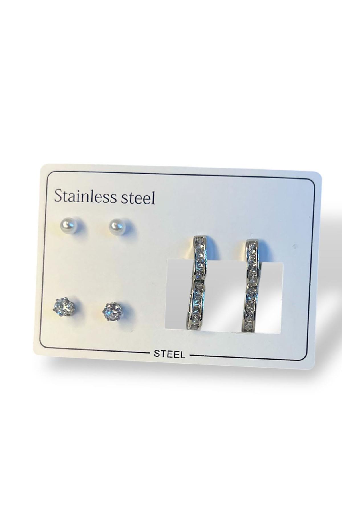 Gümüş Renk Taş Detaylı 6'lı Çelik Küpe Set