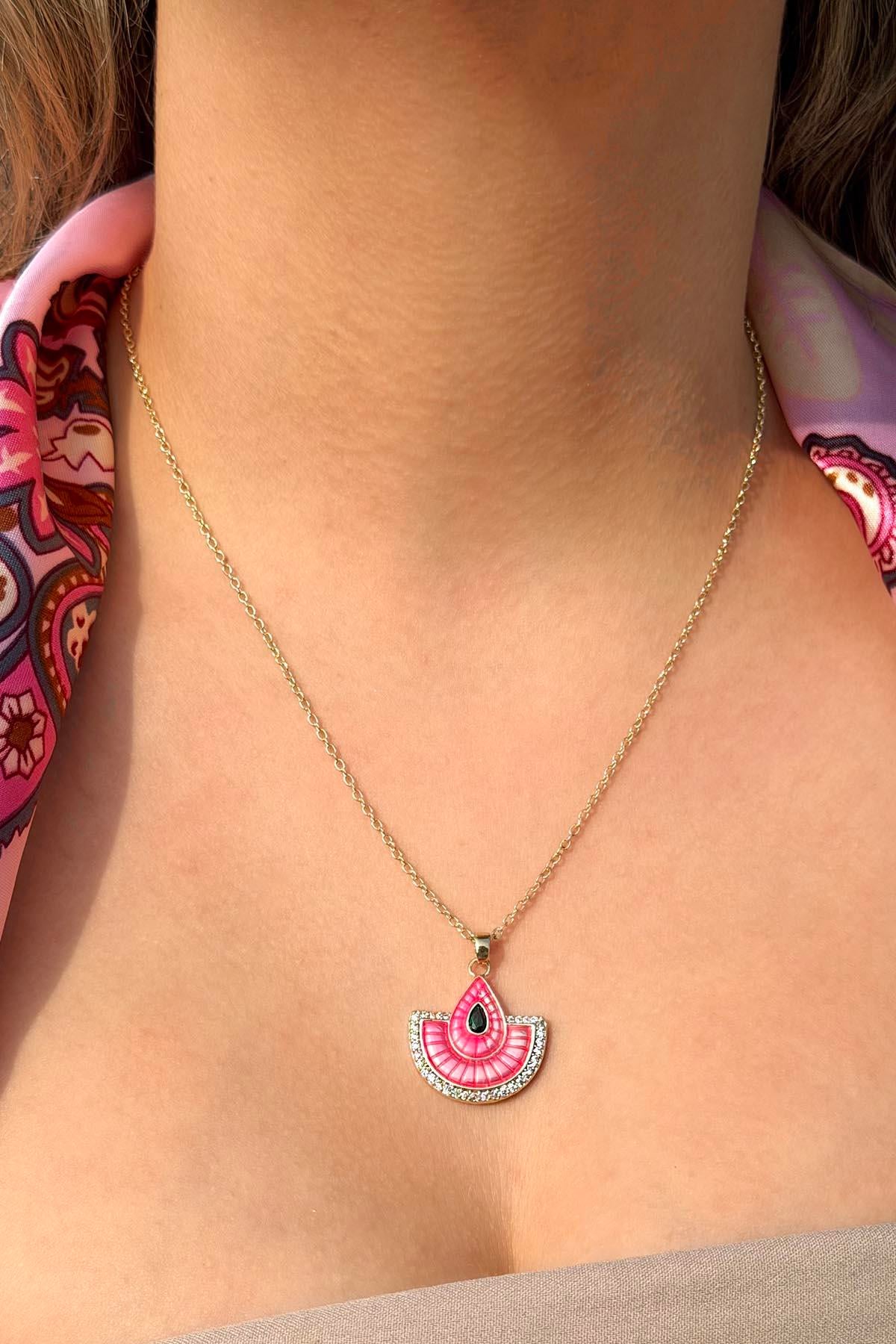 Altın Renk Pembe Mineli 14K Altın Kaplama Kolye