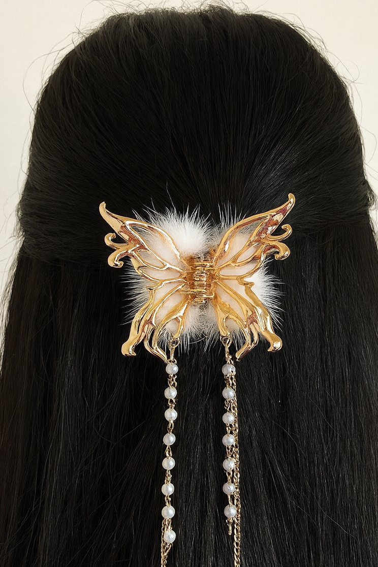 Altın Renk Kelebek Figürlü İnci Detaylı Sallantılı Metal Mandal Toka