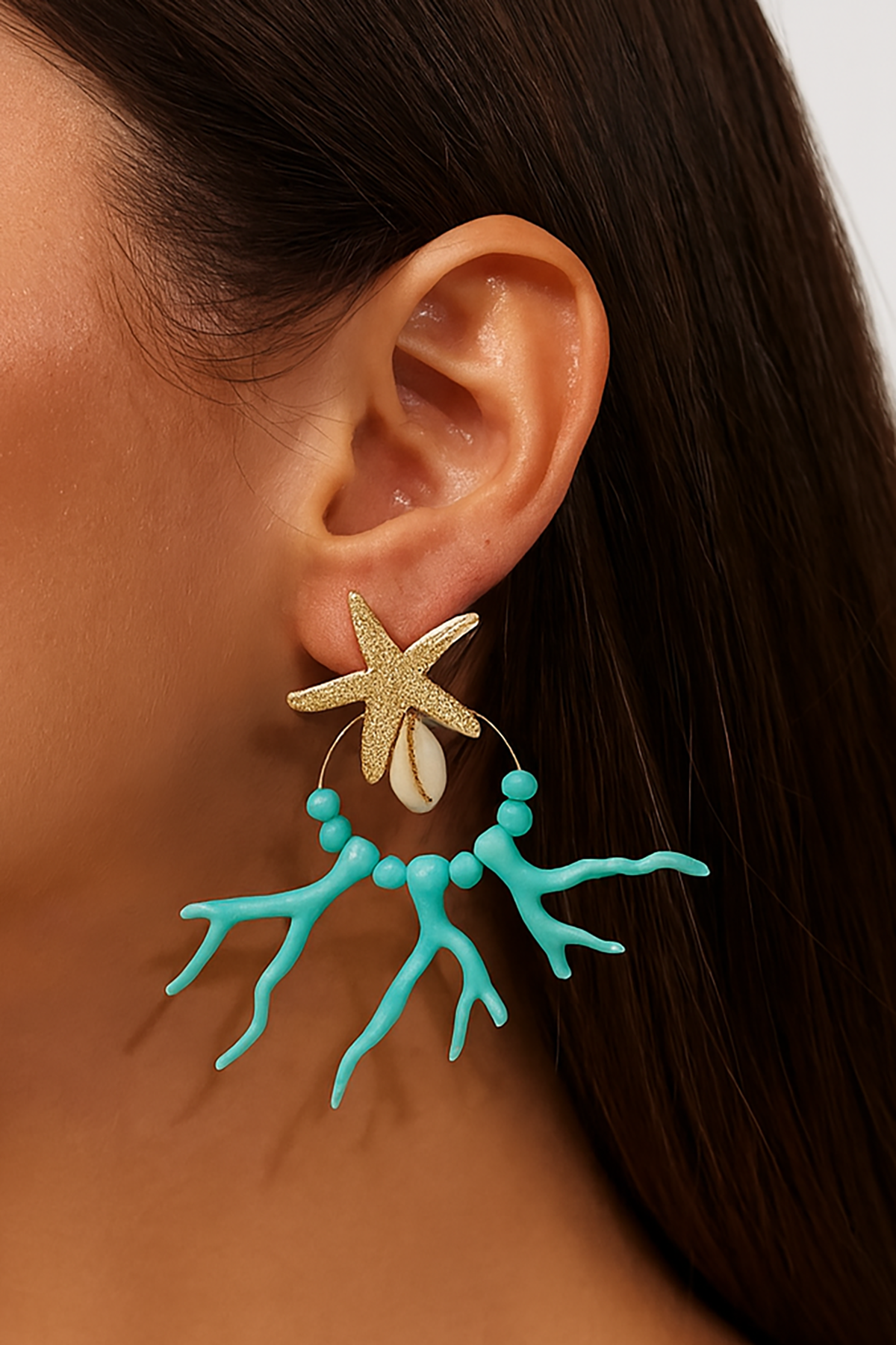 Altın Ve Mavi Renk Yıldız Figürlü Tasarım Küpe (Çift)