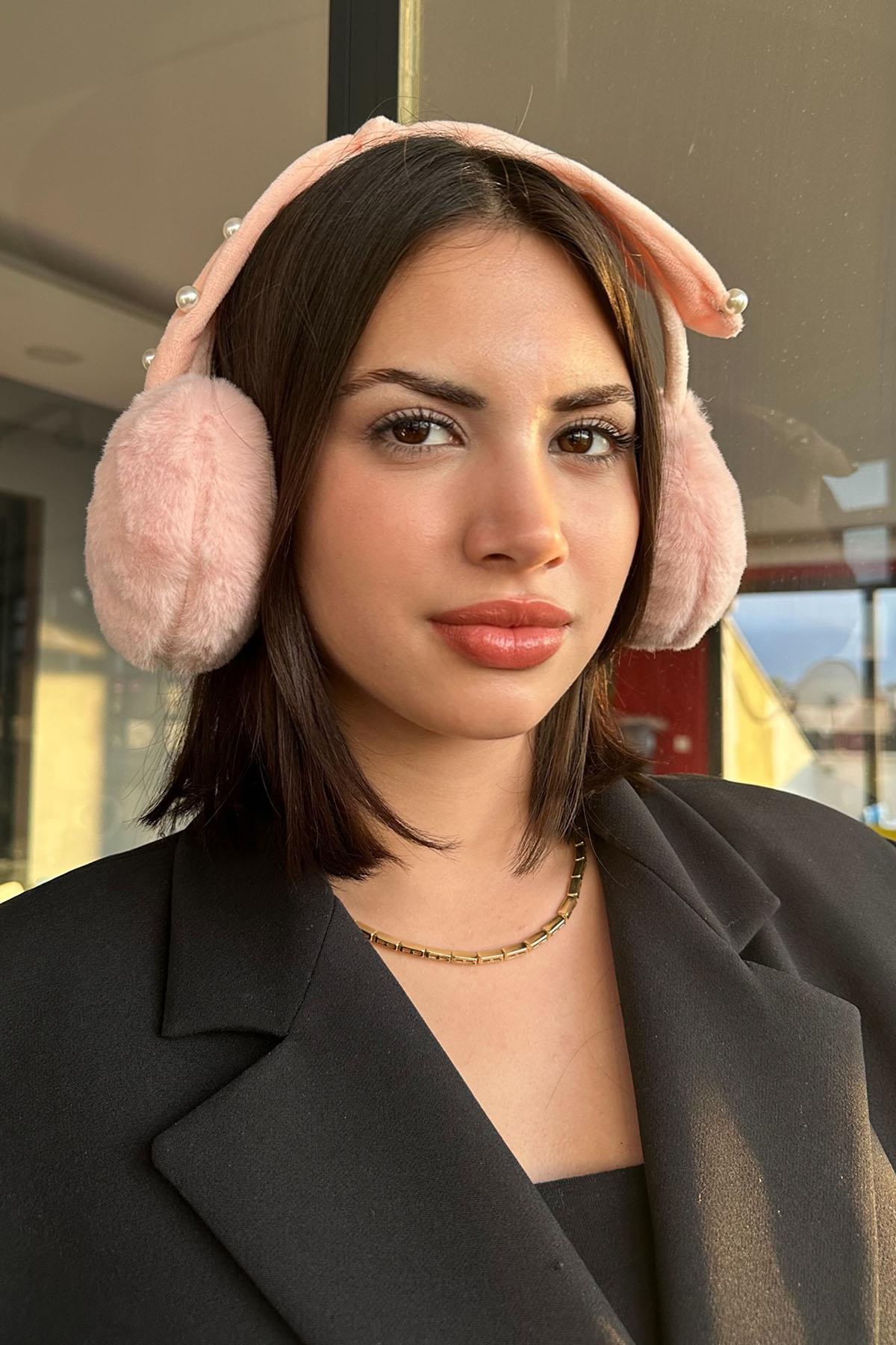 Pembe Renk İnci Detaylı Kulaklı Çocuk Peluş Kulaklık