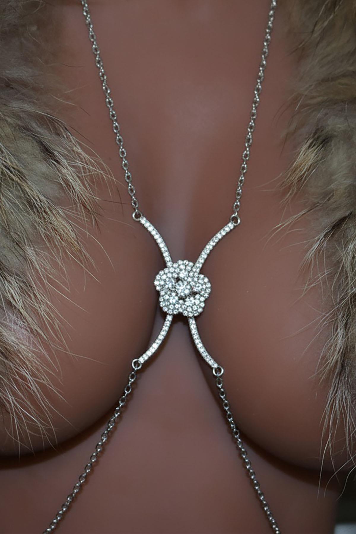 Gümüş Renk Çiçek Figürlü Taş Detaylı Tasarım Vücut Aksesuar