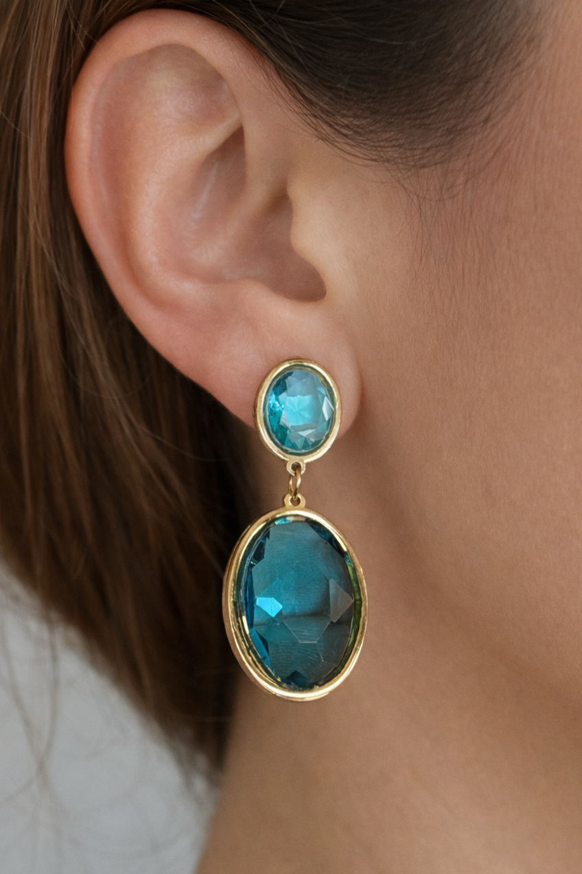 Altın Renk Mavi Taş Detaylı Çelik Küpe (Çift)