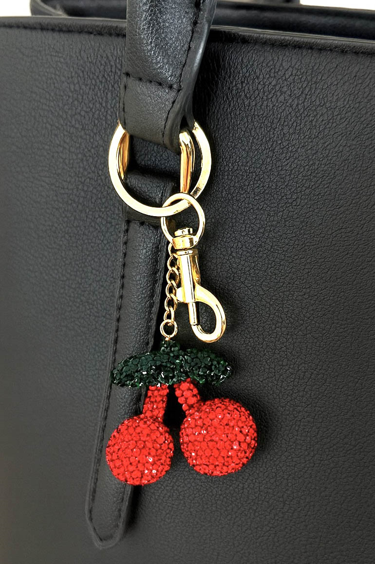 Altın Ve Kırmızı Renk Kiraz Figürlü Taş Detaylı Çanta Charm/ Anahtarlık