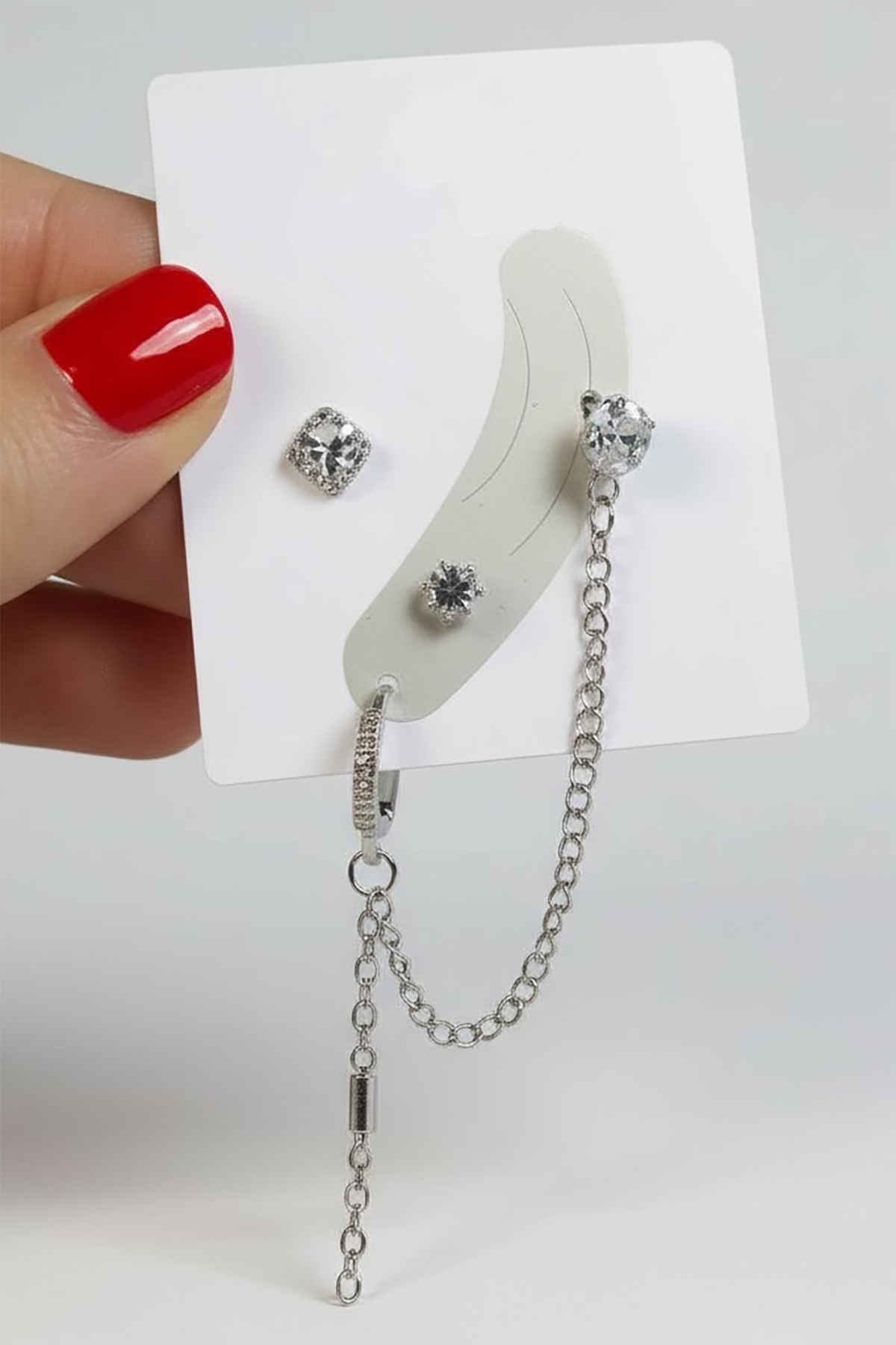 4'lü Gümüş Renk Taş Detaylı Küpe Set