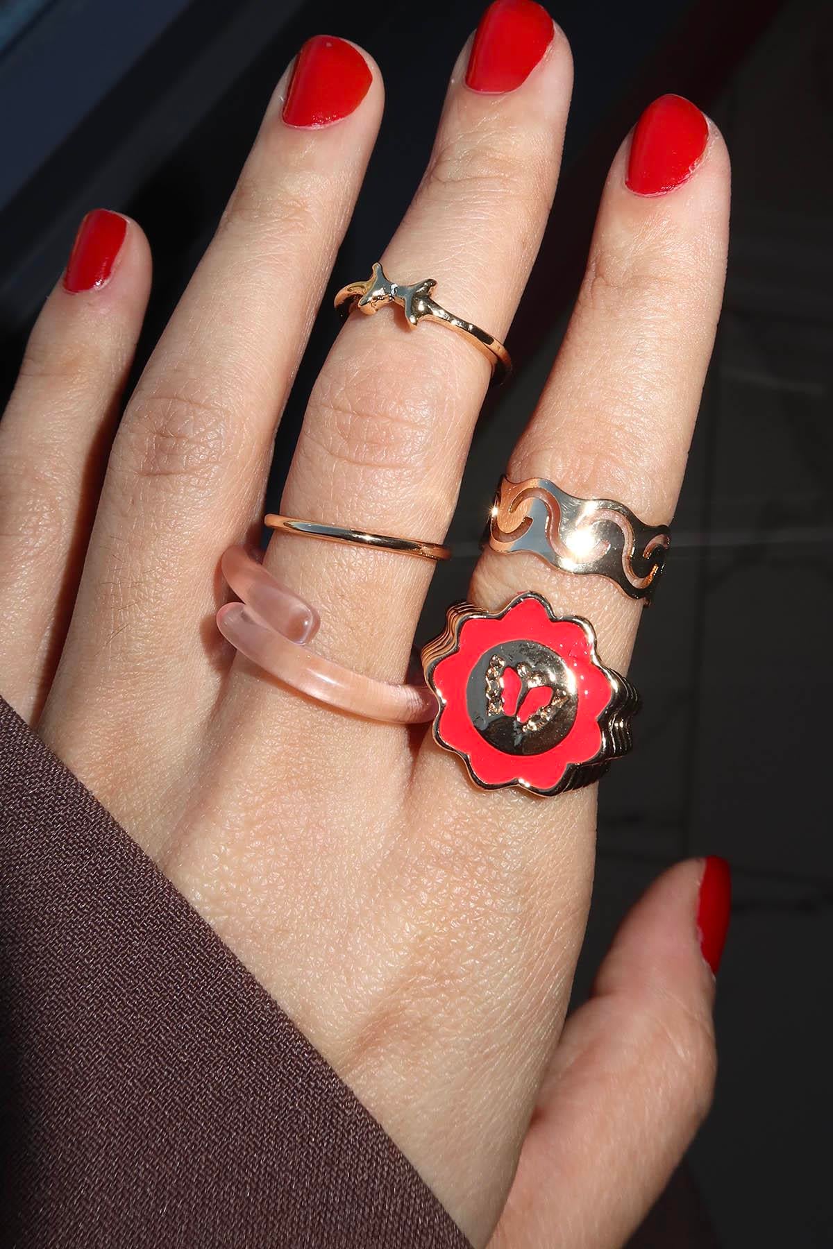 5'li Altın Ve Kırmızı Renk Karışık Figürlü Ayarlanabilir Yüzük Set