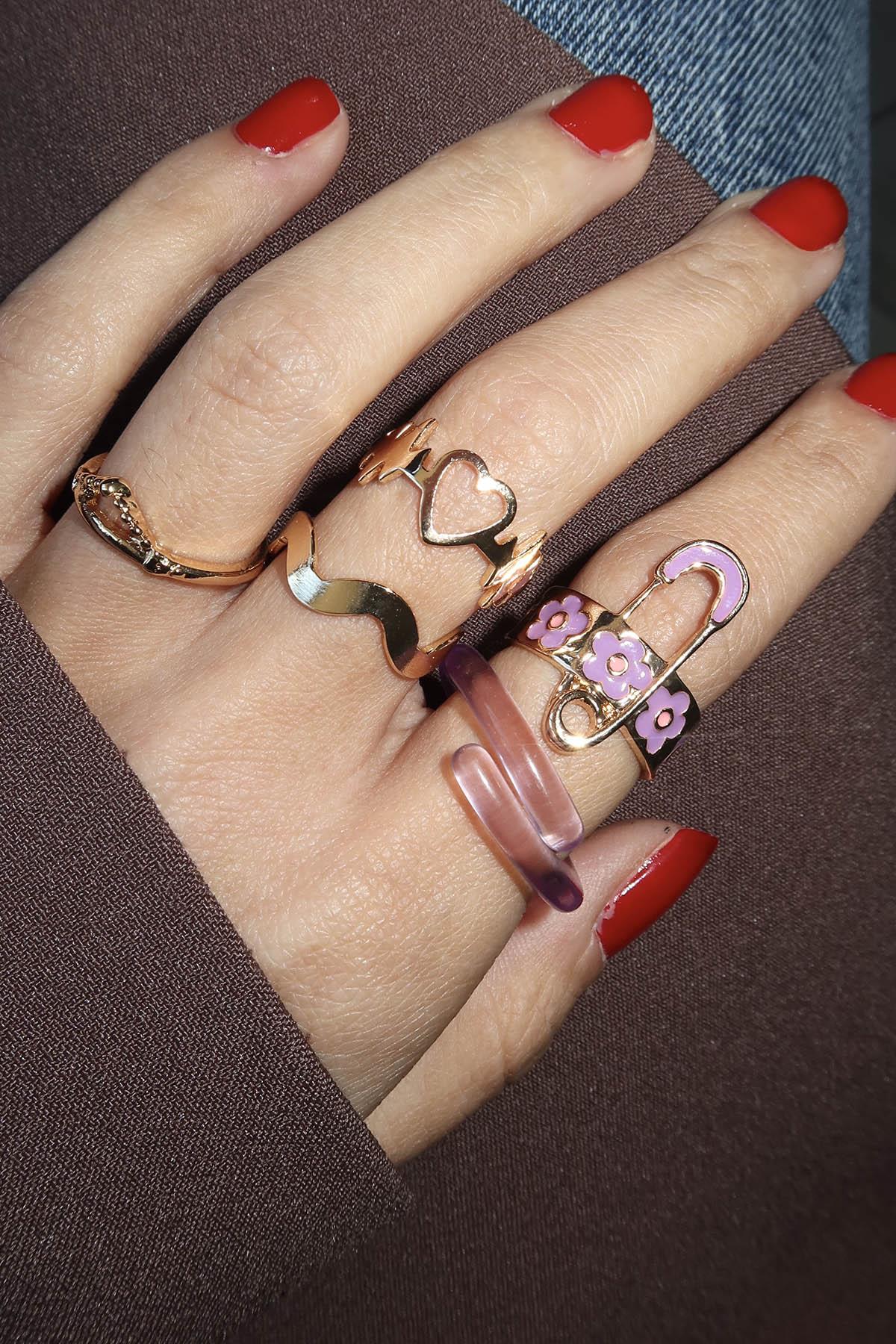 5'li Altın Ve Mor Renk Ayarlanabilir Yüzük Set