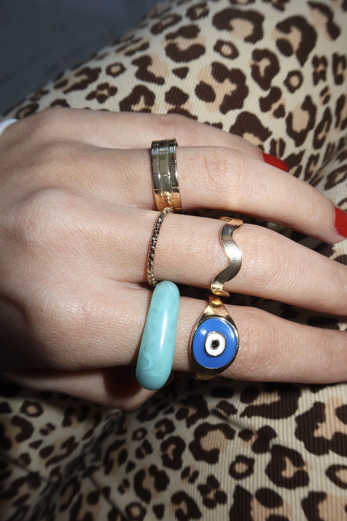 5'li Altın Ve Yeşil Renk Ayarlanabilir Yüzük Set