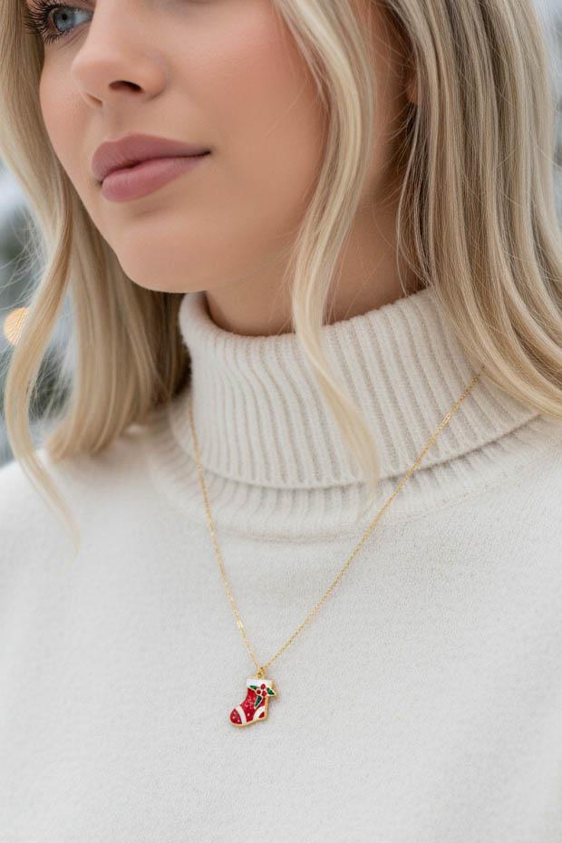 Altın Renk Çorap Figürlü Çelik Yılbaşı Kolyesi