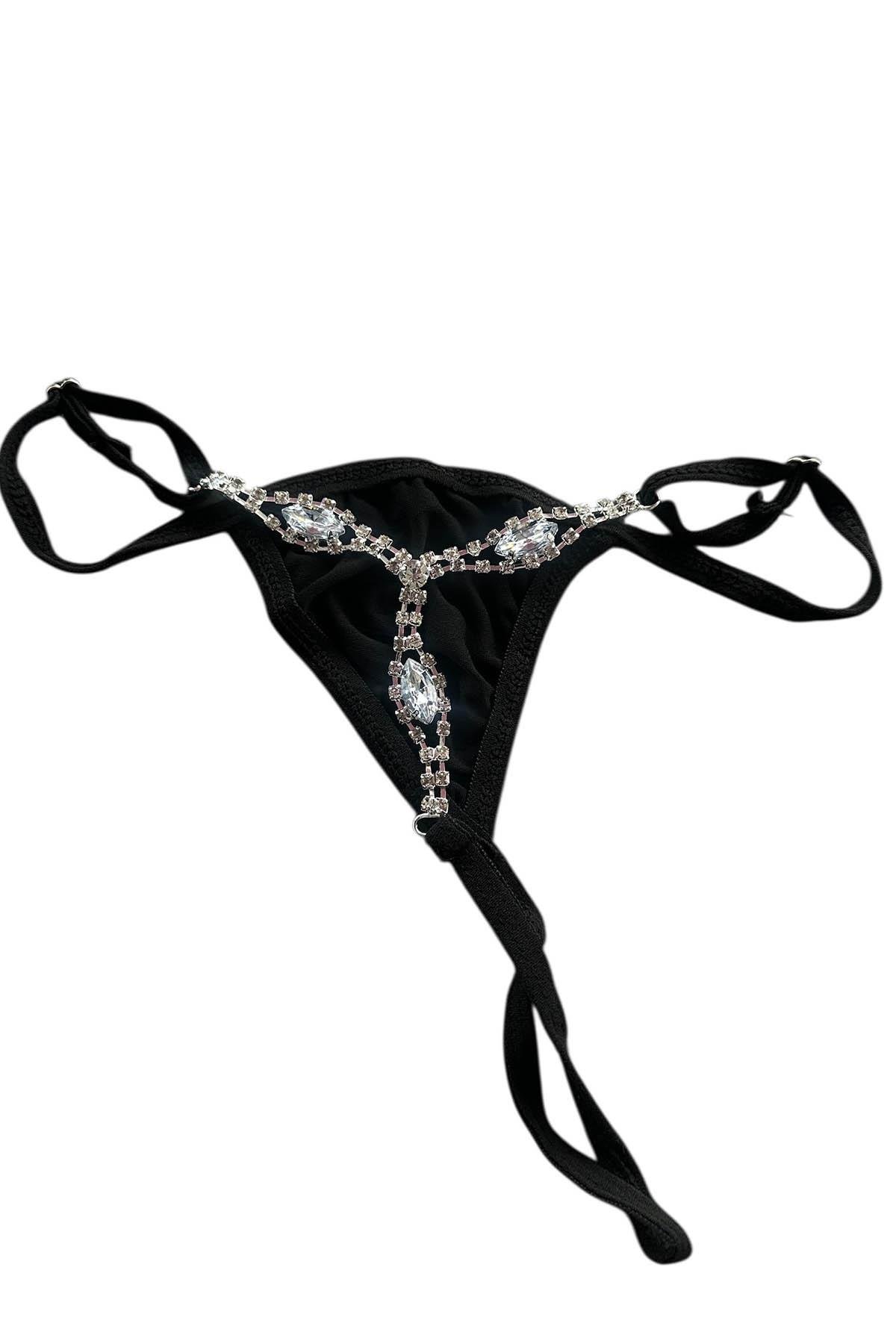 Siyah Renk Taş Detaylı Tanga