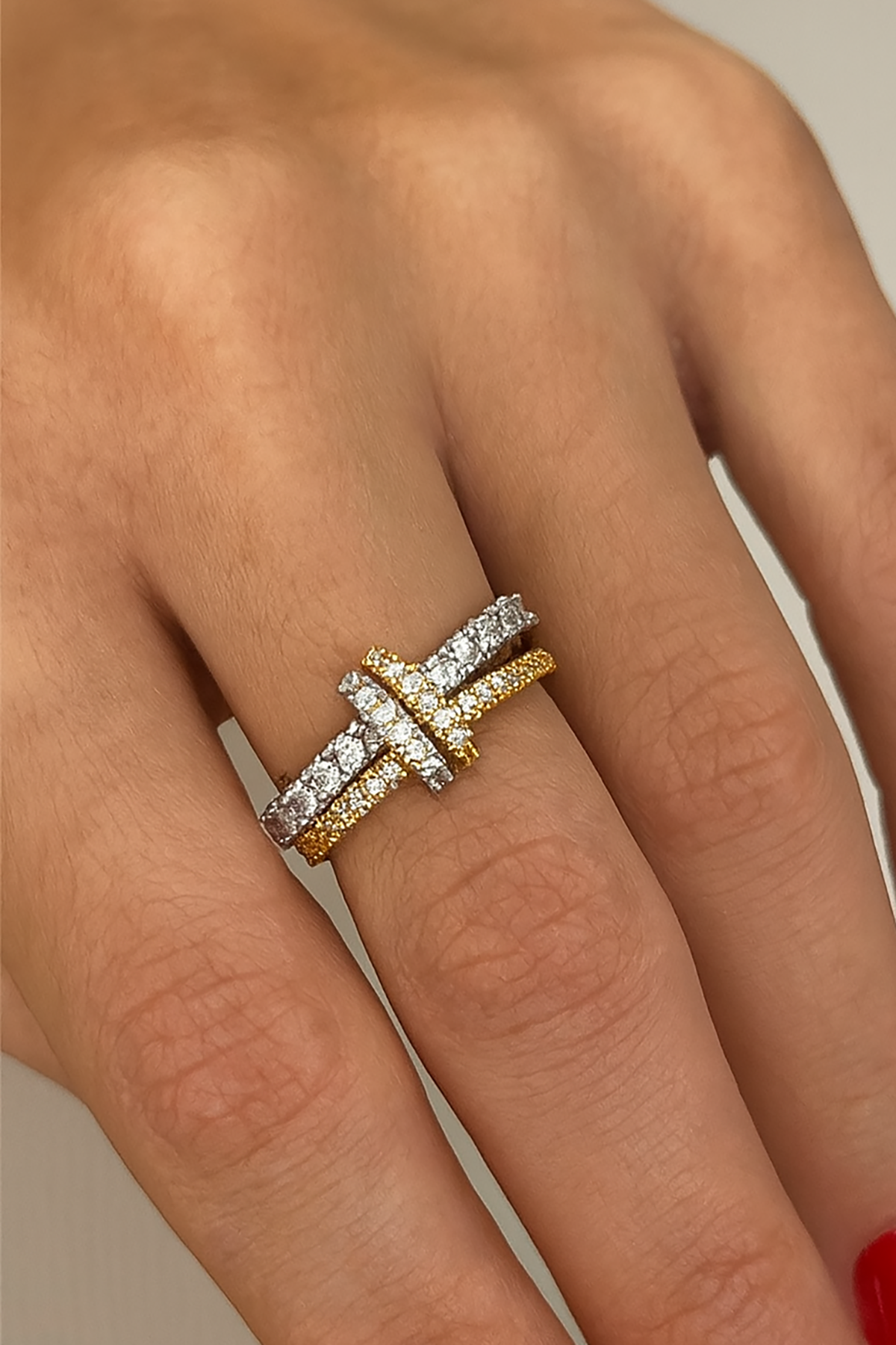 Altın Ve Gümüş Renk Taş Detaylı İkili Yüzük