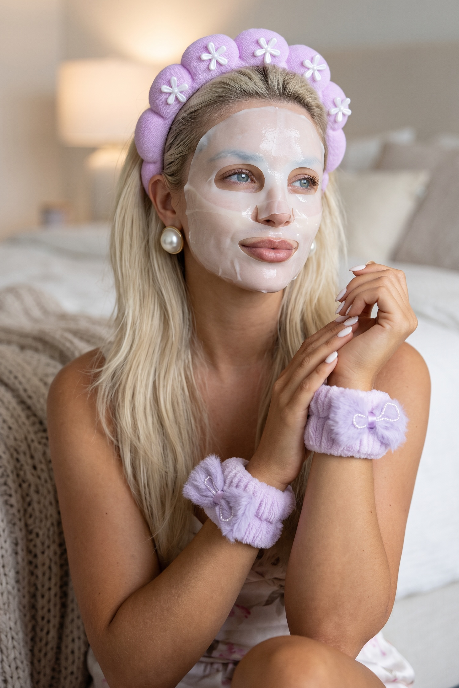 Mor Renk İncili Spa Saç Bandı Ve Peluş Su Emici Havlu Bileklik Set