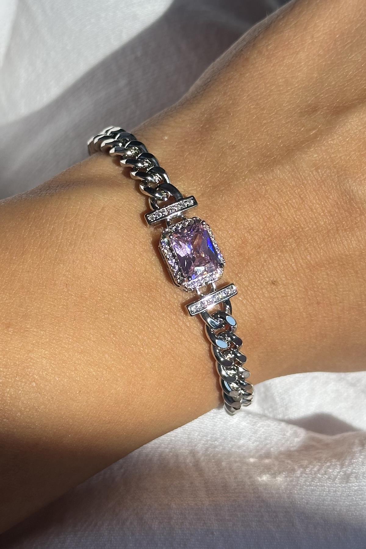 Gümüş Renk Taş Detaylı VİP YSX Bileklik