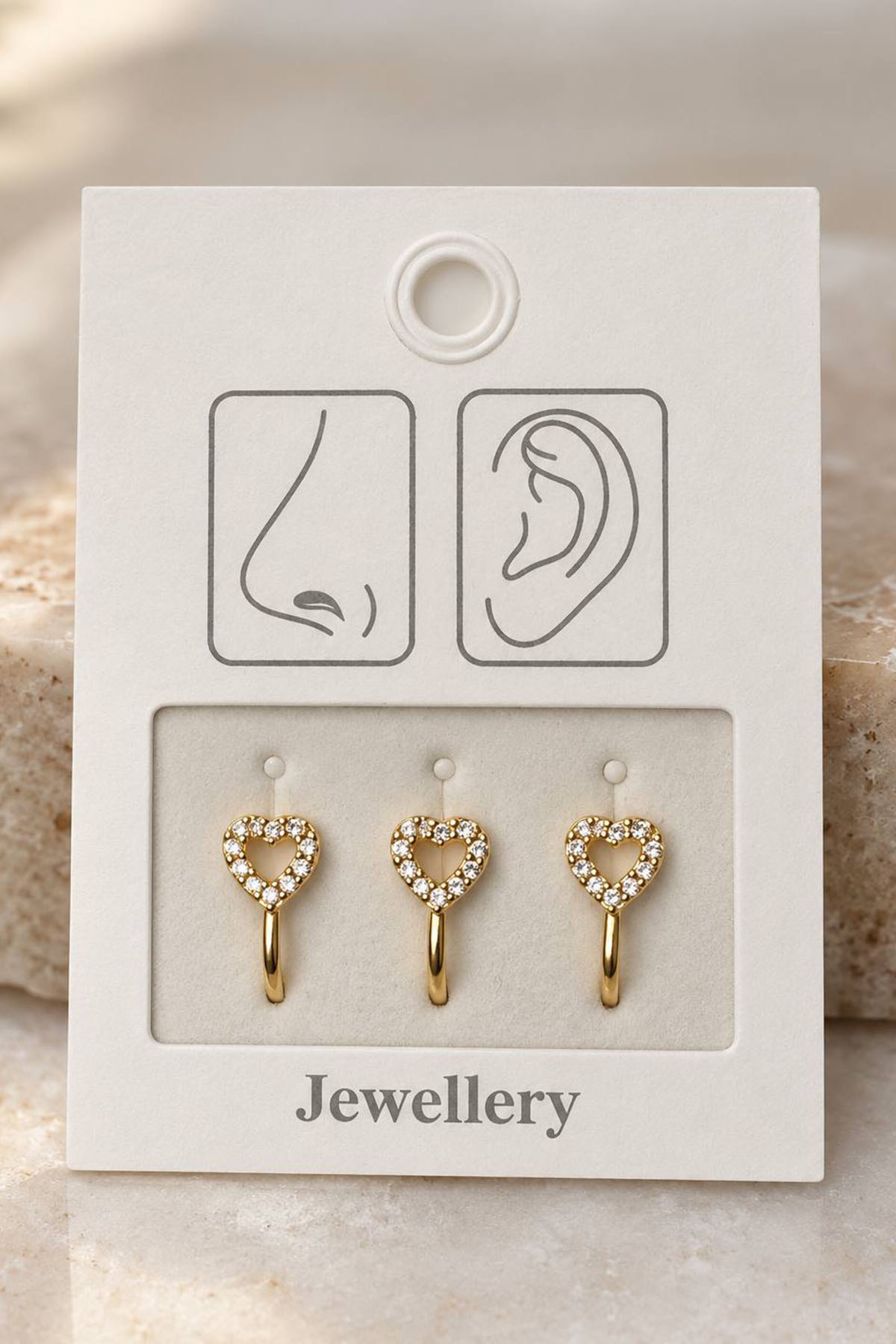Altın Renk Kalp Figürlü Deliksiz Kulak/Burun 3'lü Piercing Set