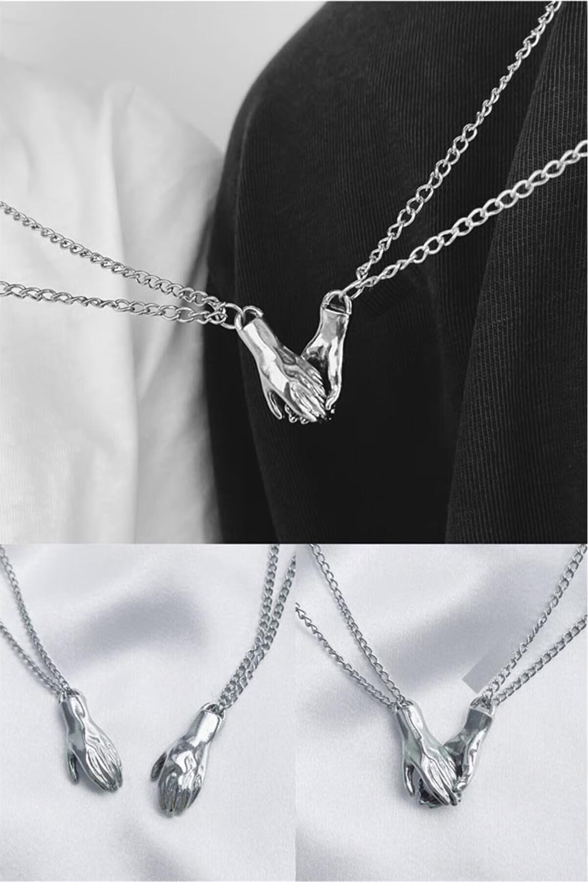 Gümüş Renk El Detaylı Mıknatıslı Çelik Sevgili/Arkadaş Kolyesi