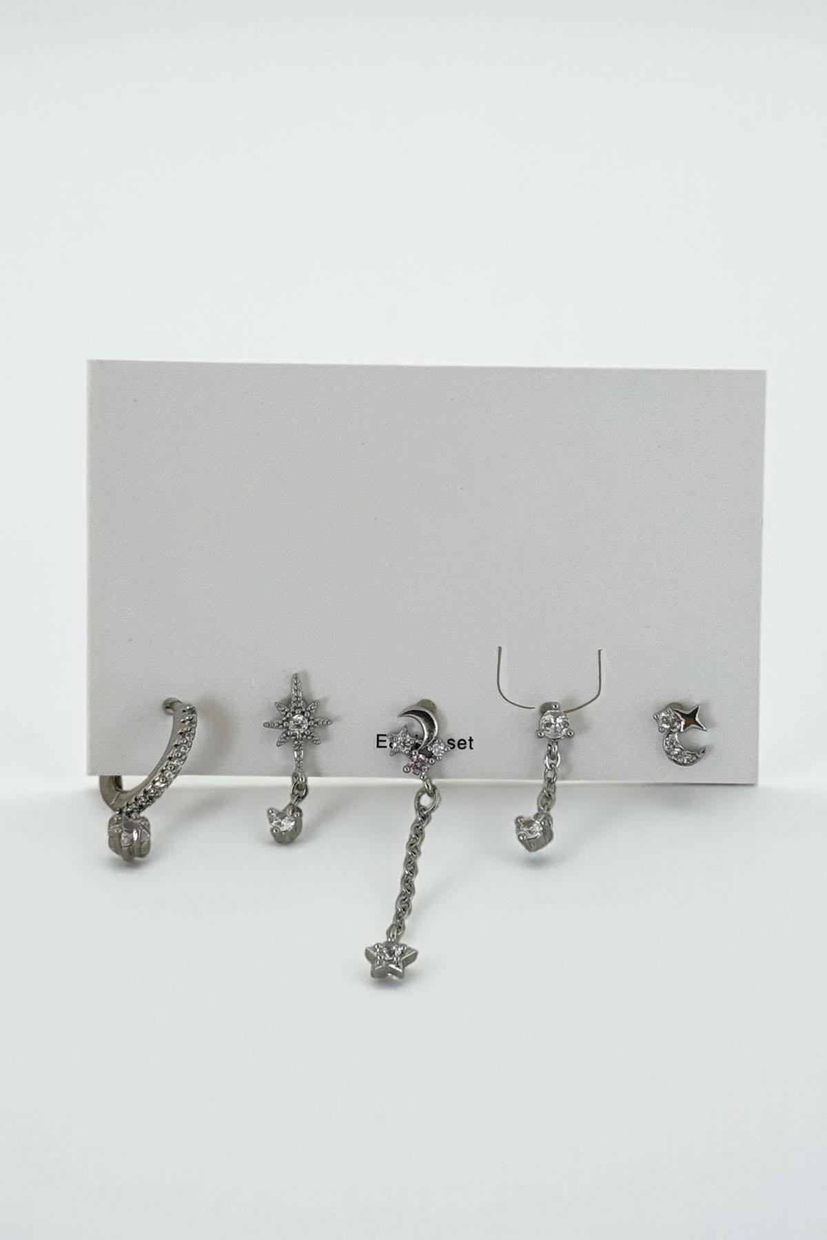 Gümüş Renk Taş Detaylı 5'li Küpe Set