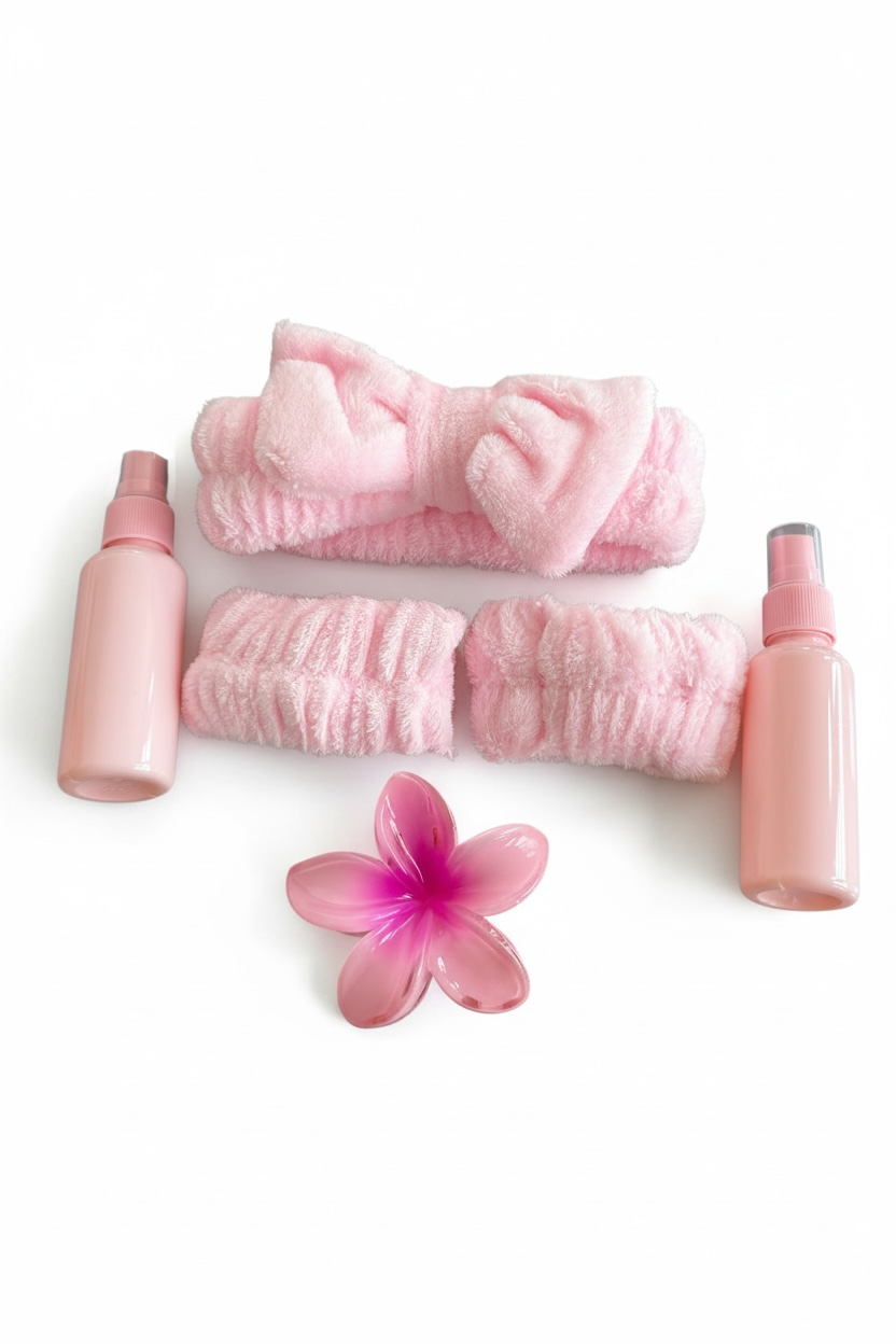 Pembe Renk Peluş Saç Bandı-El Havlu-Mandal Toka Ve 2 Adet Sprey Şişe Set