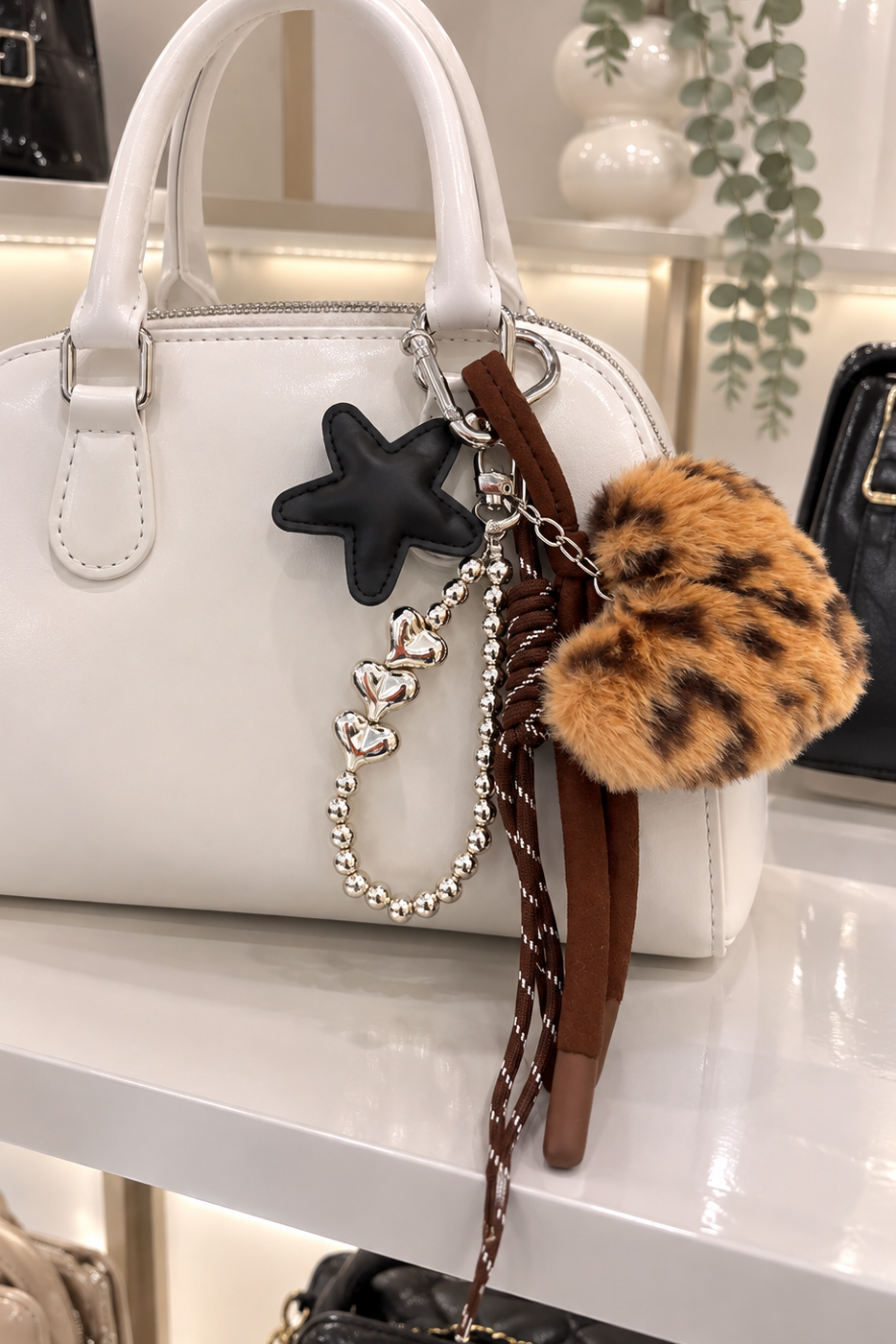Kahverengi Leopar Kalp Detaylı Çanta Charm/ Anahtarlık