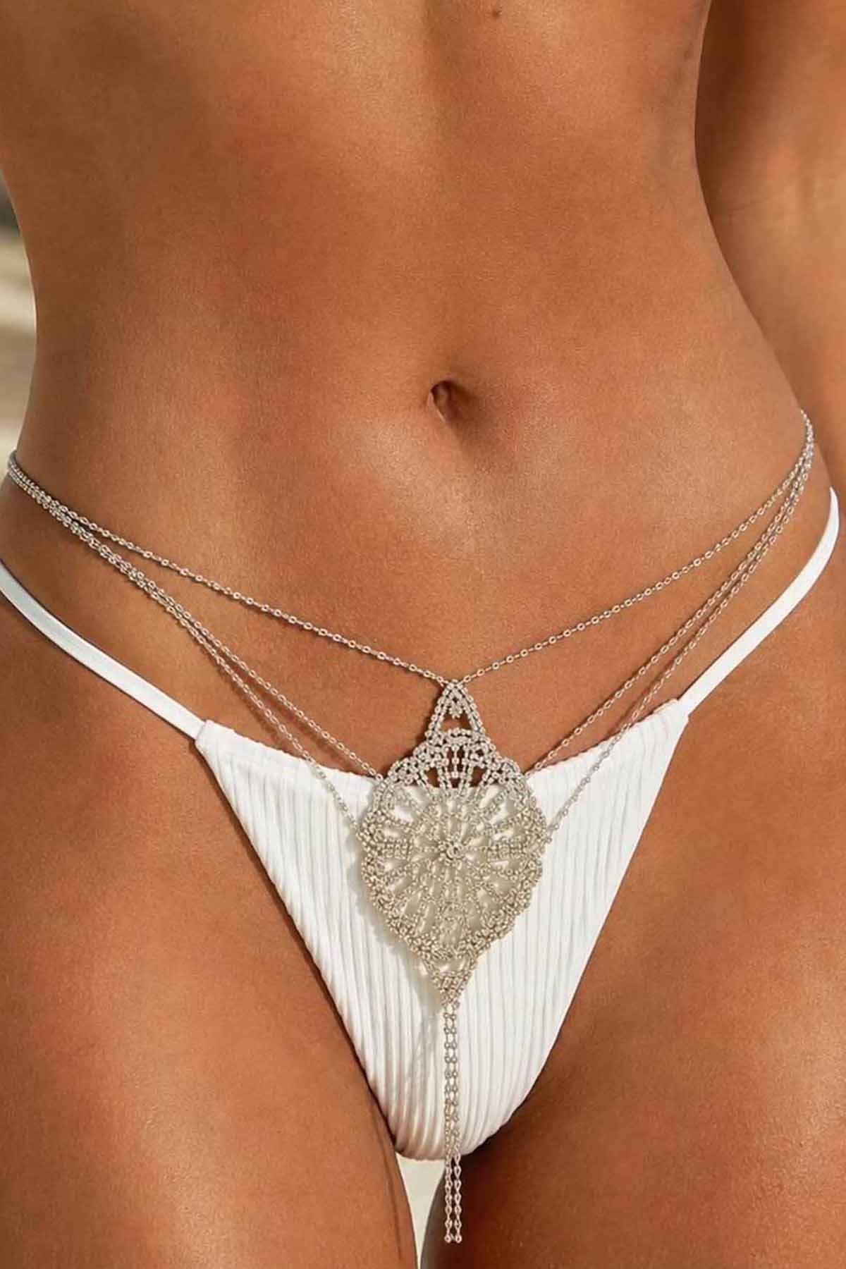 Gümüş Renk Taş Detaylı Tanga / Külot