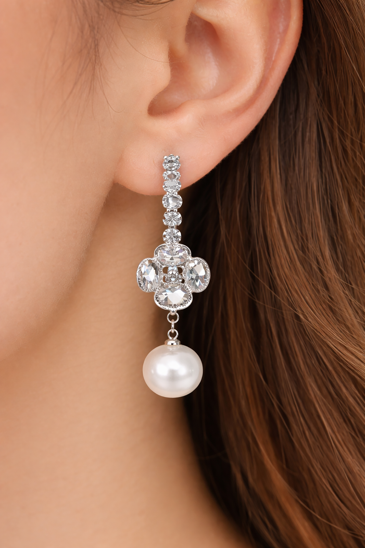 Gümüş Renk Taş Ve İnci Detaylı Küpe (Çift)