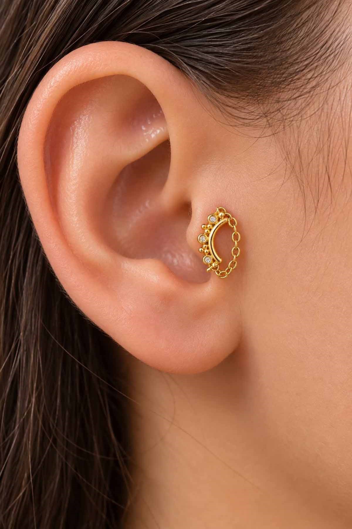 Altın Renk Sallantılı   Taşlı Cerrahi Çelik Tragus/Kıkırdak Küpe/Piercing (Tek)