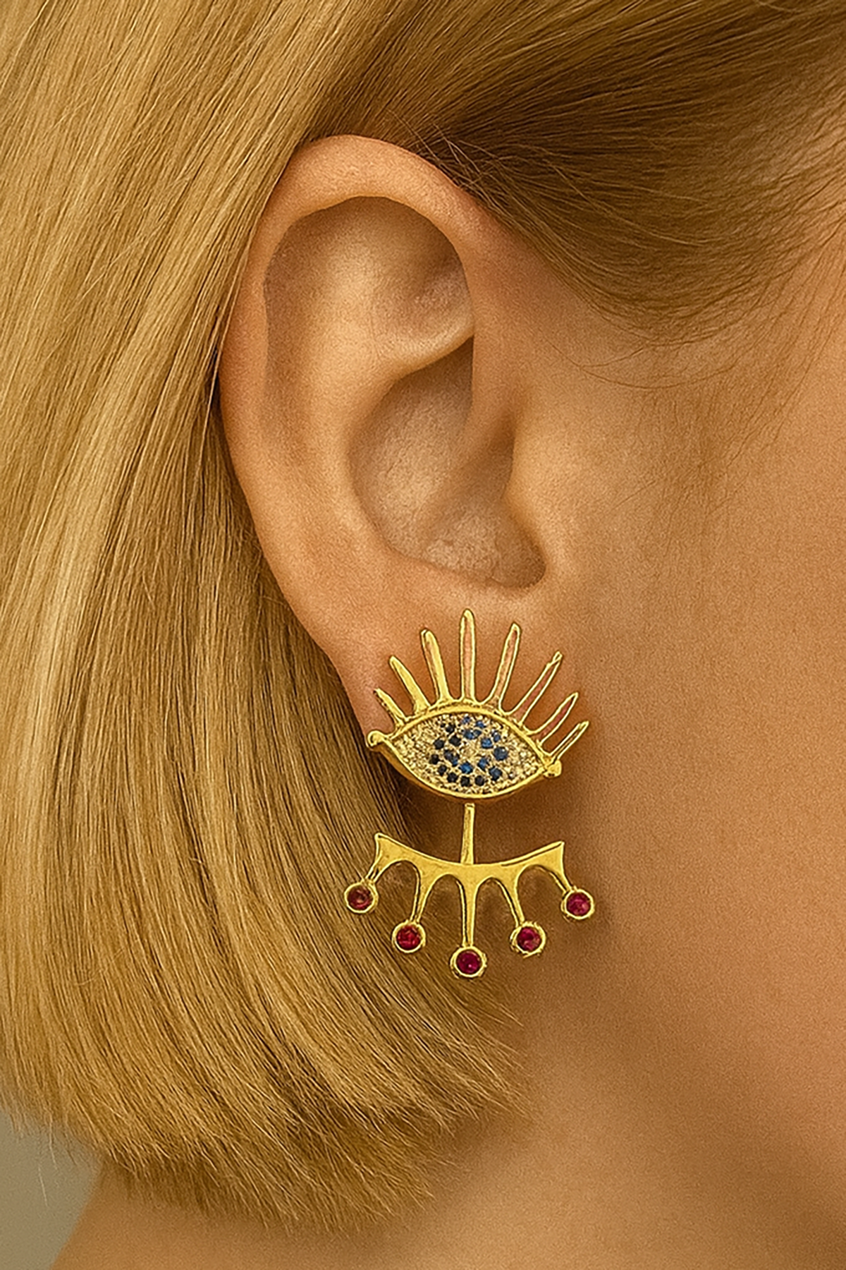 Altın Renk Göz Figürlü Taş Detaylı Küpe (Çift)