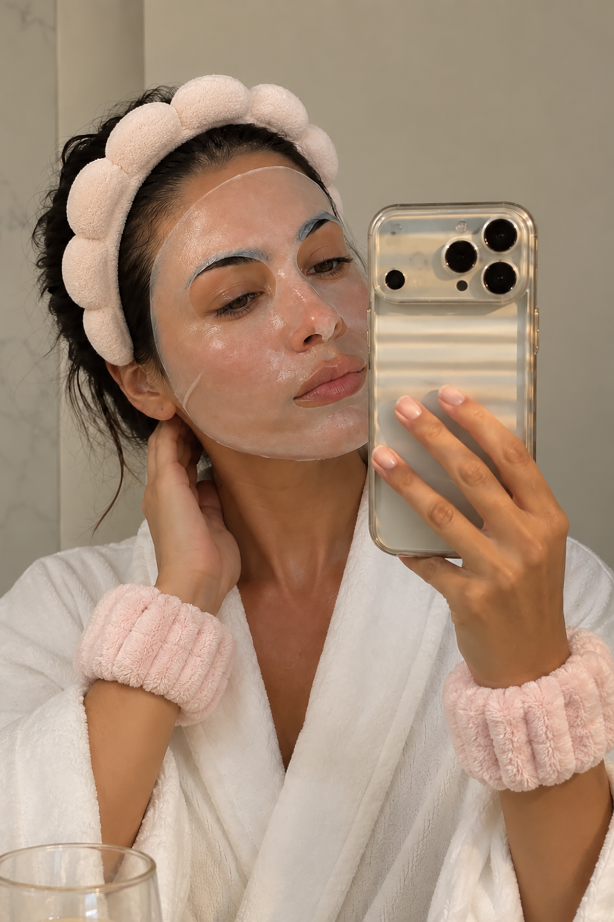 Pudra Renk Spa Taç Ve Peluş Su Emici Havlu Bileklik Set