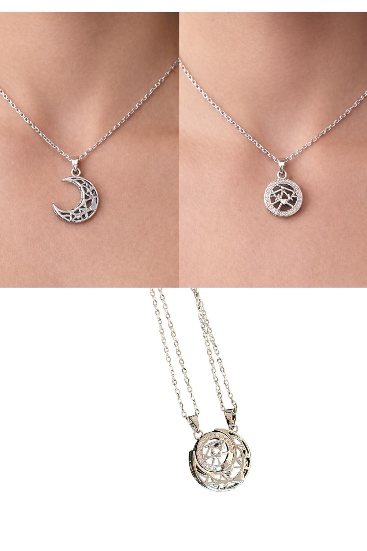 Gümüş Renk Ay Detaylı İkili Mıknatıslı Çelik Arkadaşlık Kolyesi