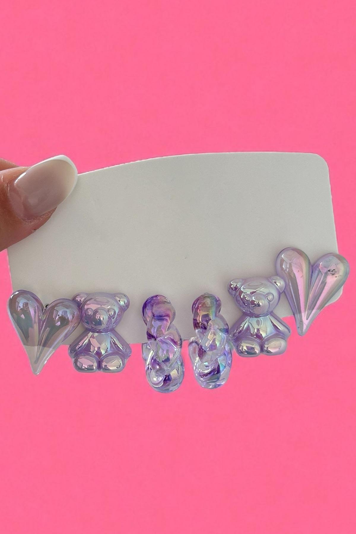 Mor Renk Karışık Figürlü 6'lı Küpe Set