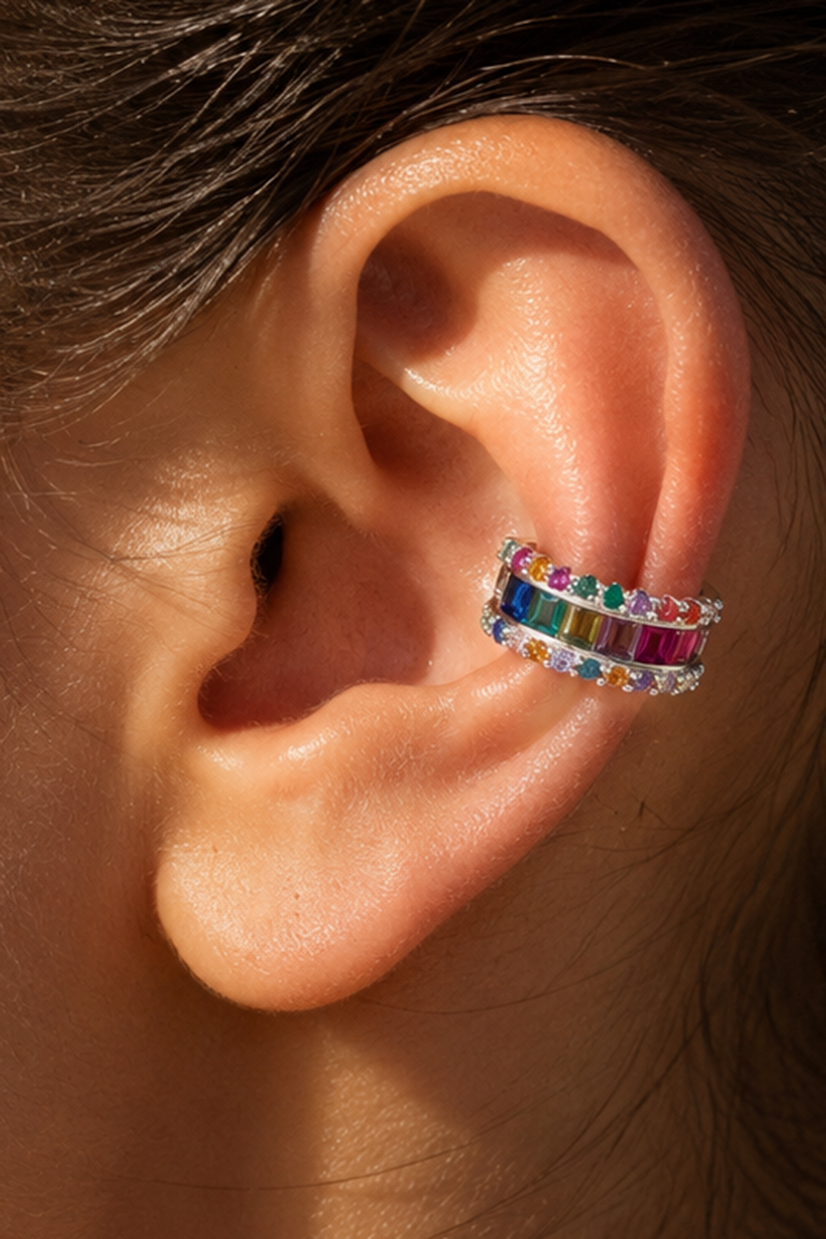 Gümüş Renk Taş Detaylı TX Ear Cuff (Tek)