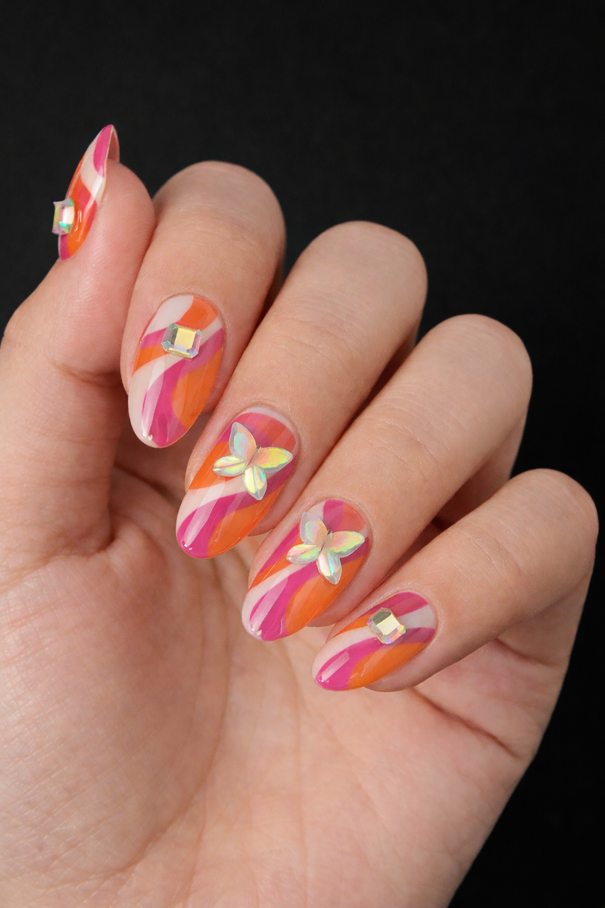 24'lü Turuncu Ve Pembe Renk Jel Görünümlü Takma Tırnak (Yapıştırıcılı)