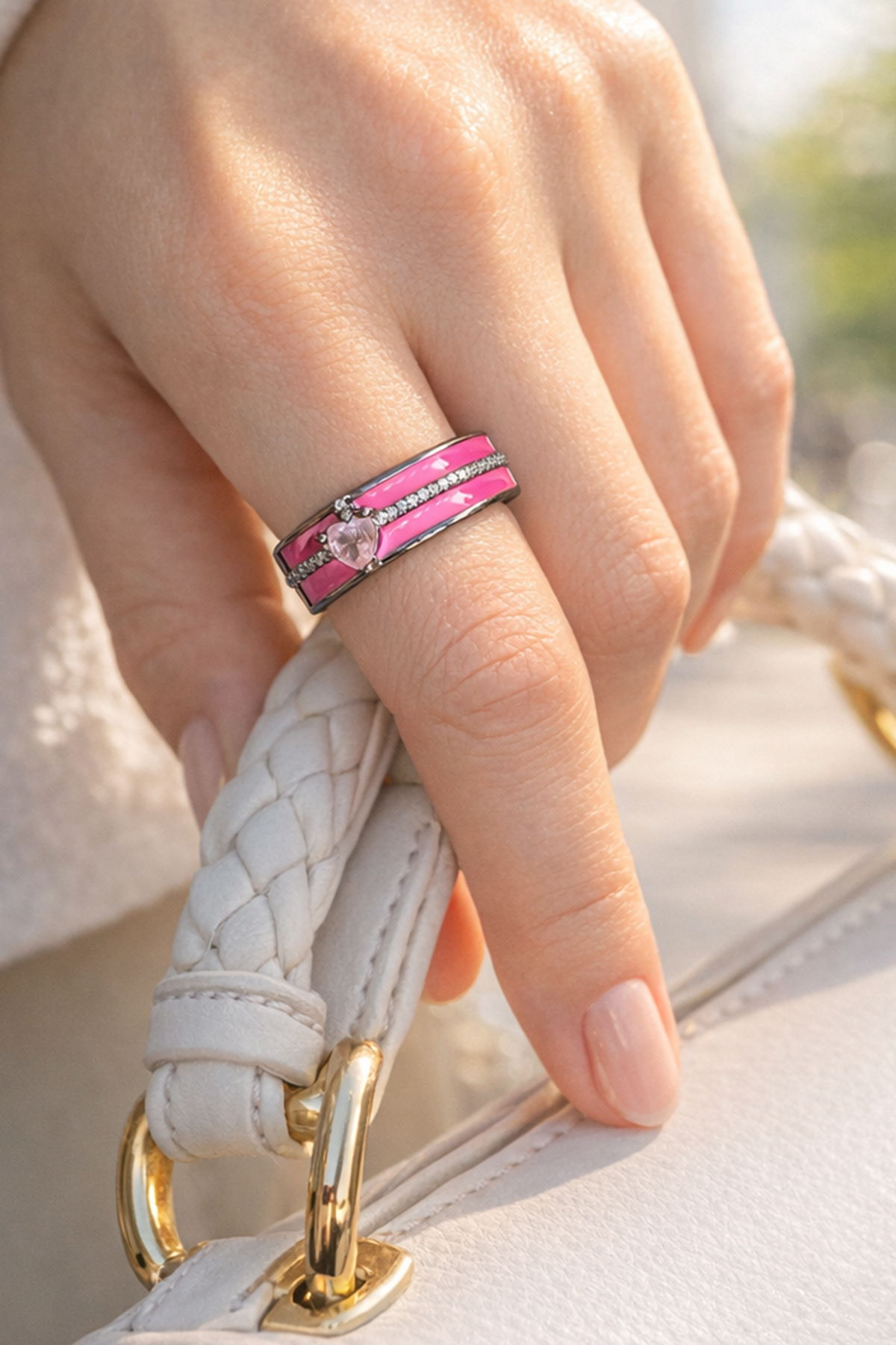 Pembe Renk Kalp Detaylı Ayarlanabilir Yüzük