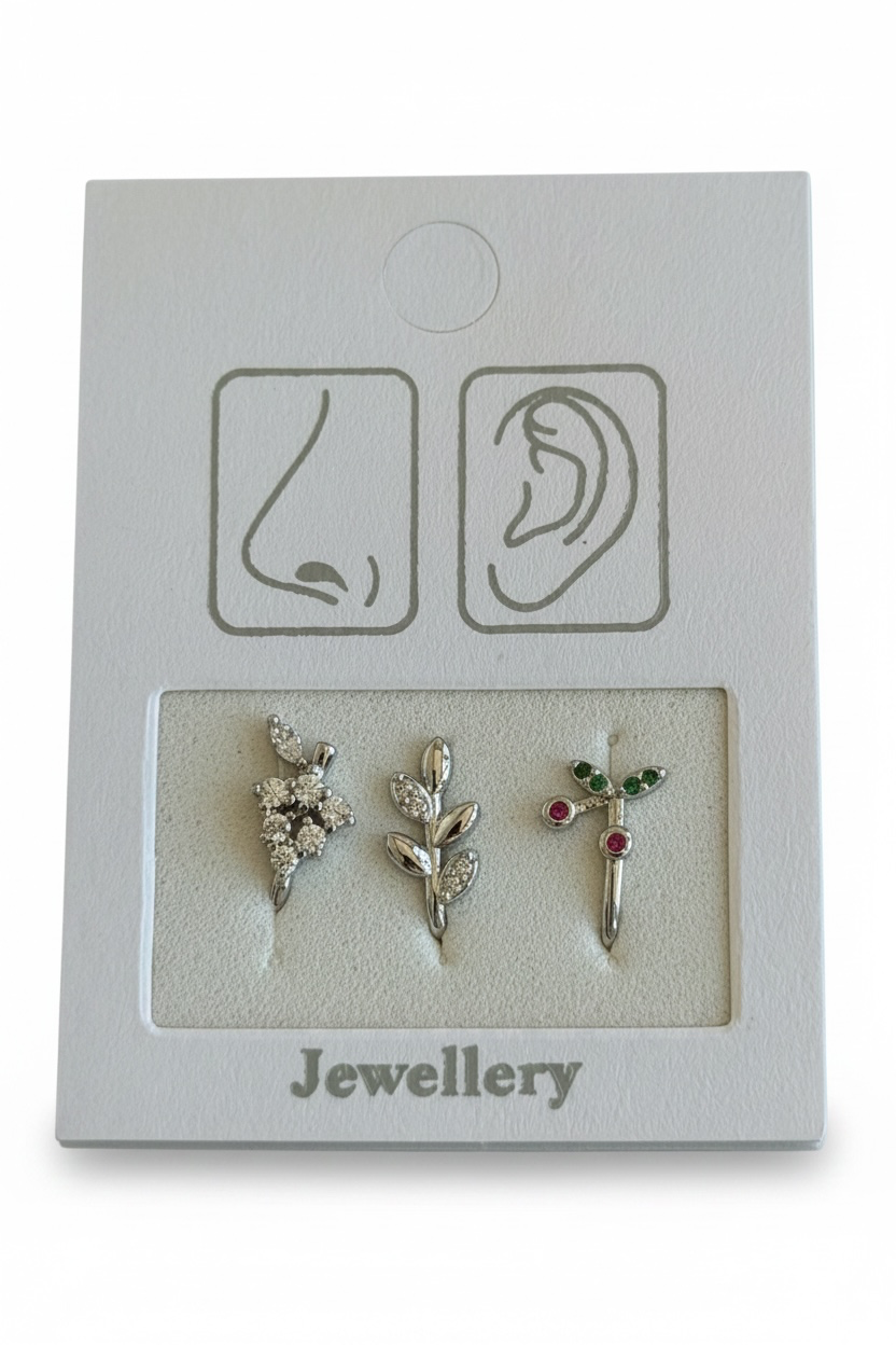 Gümüş Renk Karışık Figürlü Deliksiz Kulak/Burun 3'lü Piercing Set
