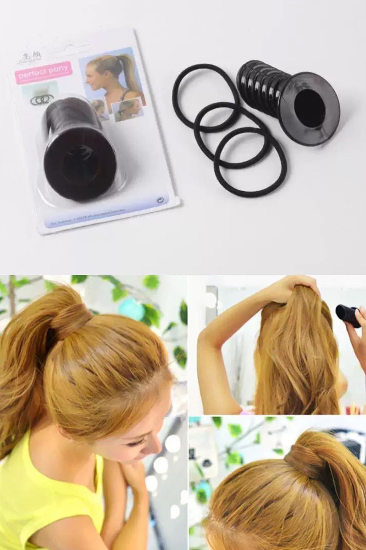 Siyah Renk Hacimli At Kuyruğu Yapma Aparatı Ve Lastik Toka Set