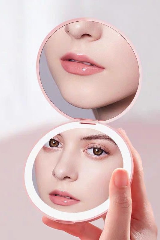 Pembe Renk Işıklı Makyaj Aynası/Cep Ayna