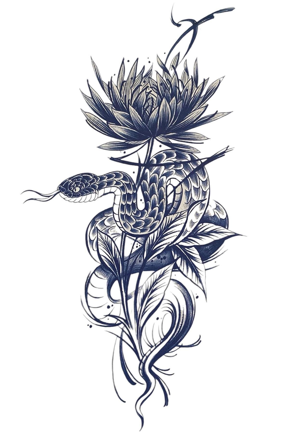 Çiçek ve Yılan Detaylı Sonradan Kararan Yarı Kalıcı Geçici Dövme Tattoo