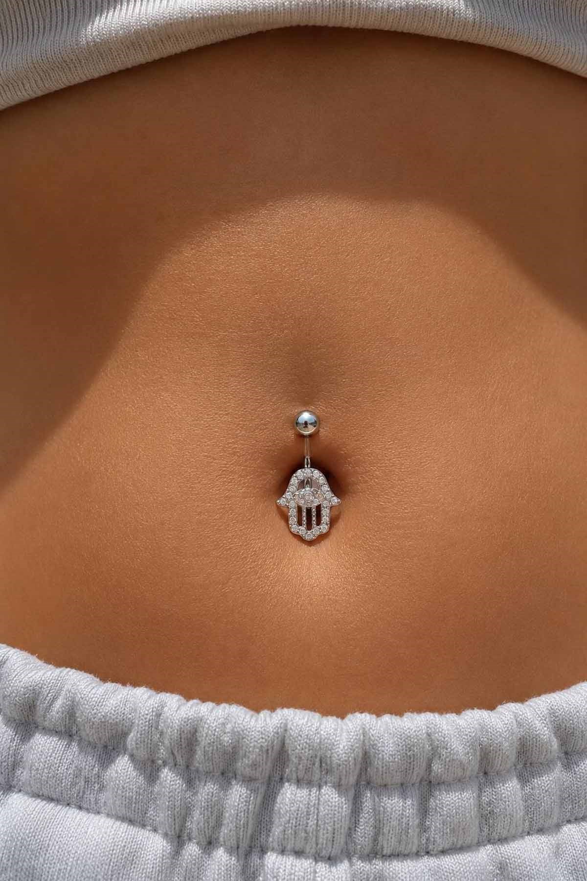 Gümüş Renk Fatma Ana Eli Figürlü Taşlı Cerrahi Çelik Göbek Piercing