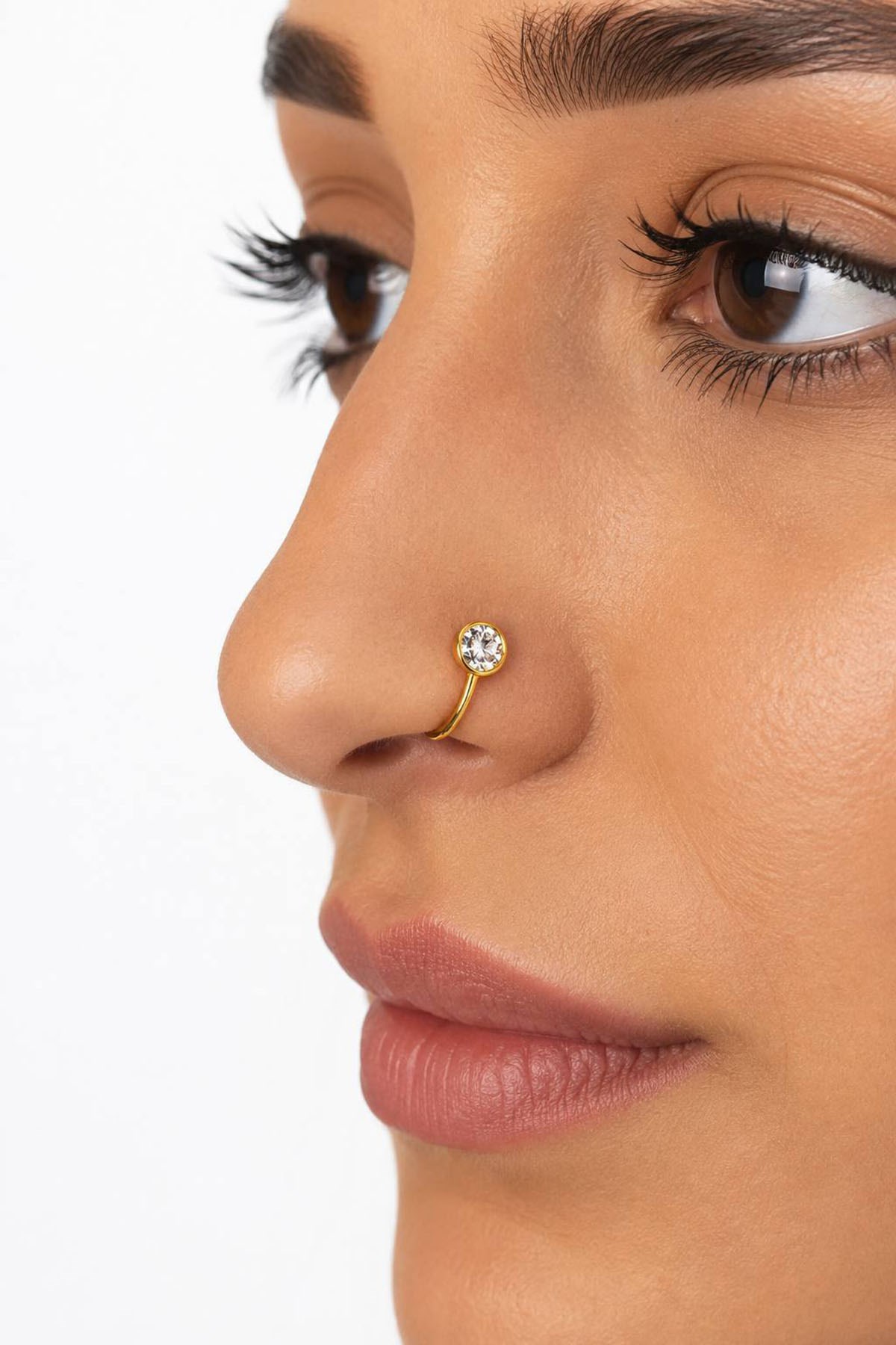 Altın Renk Taş Detaylı Cerrahi Çelik Deliksiz Kulak/Burun Piercing 