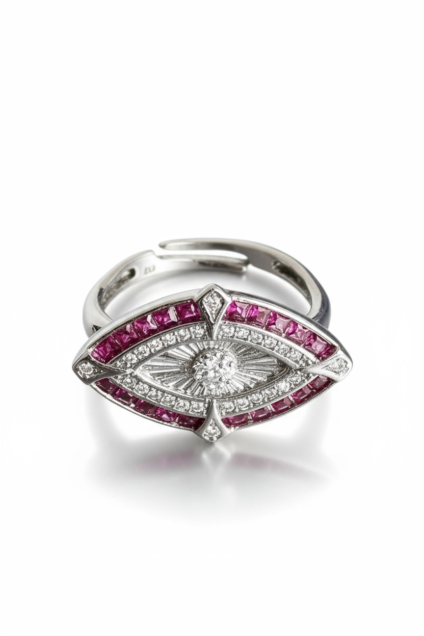 Gümüş Ve Pembe Renk Taş Detaylı 14K Altın Kaplama Ayarlanabilir Yüzük