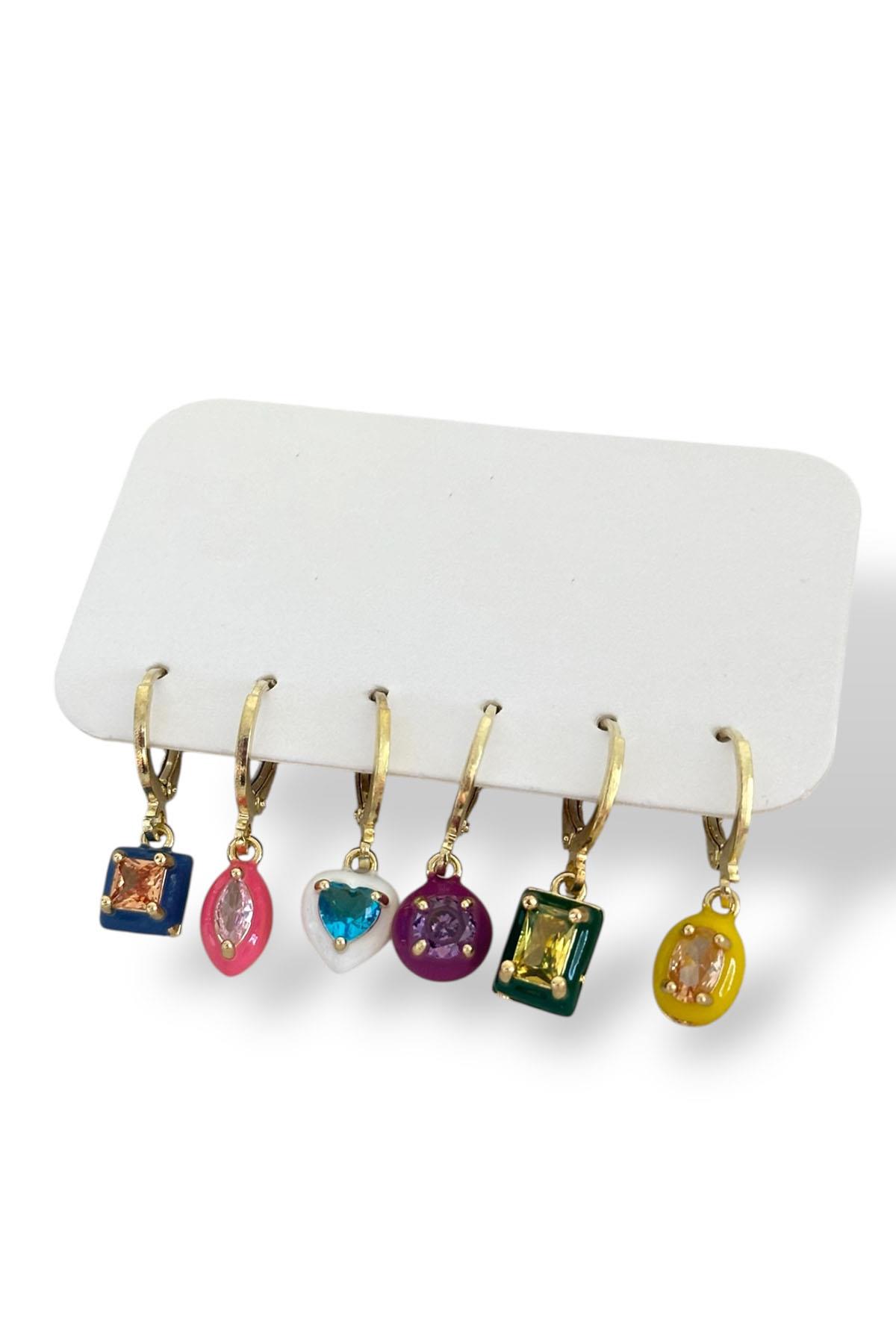 Altın Renk Taş Detaylı 6'lı Küpe Set