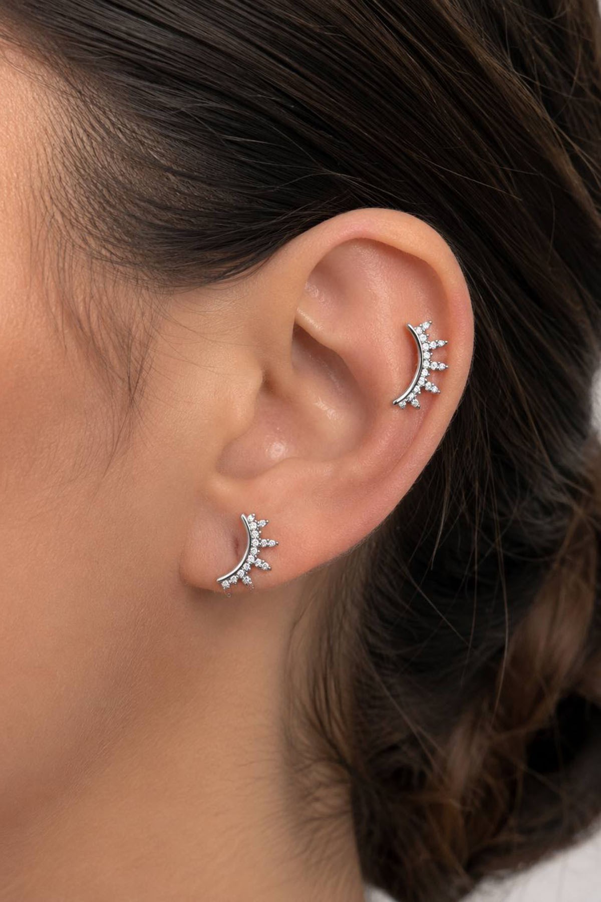 2'li Gümüş Renk Taş Detaylı Tx Tragus/Kıkırdak Küpe/Piercing 