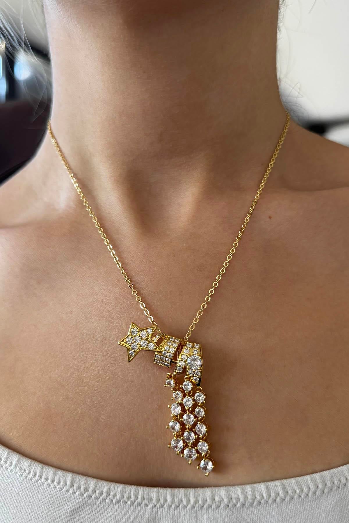 Altın Renk Yıldız Figürlü Taş Detaylı 14K Altın Kaplama TX Kolye